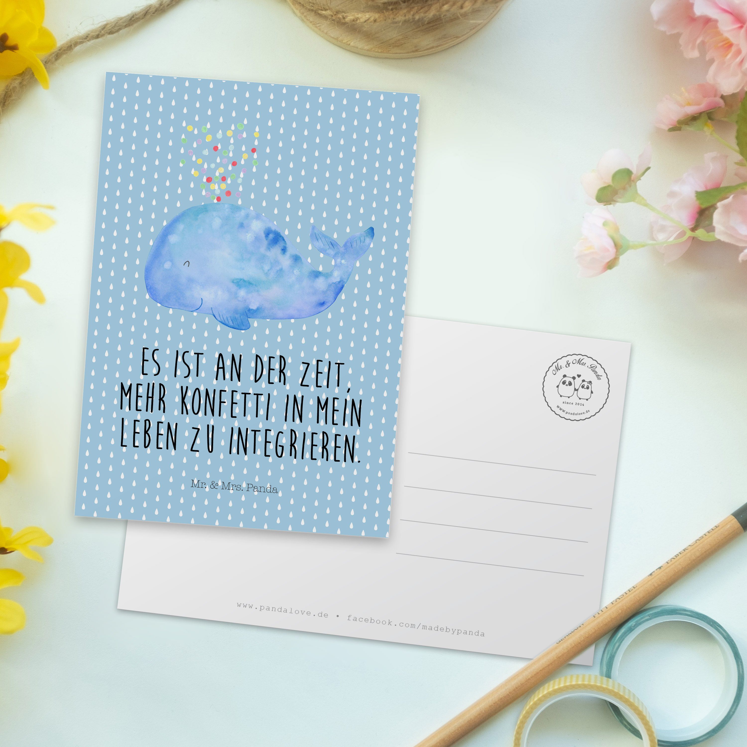 Dankeskart Mrs. Wal - Postkarte - Pastell Meer, Meerestiere, Geschenk, Panda Blau Mr. & Konfetti