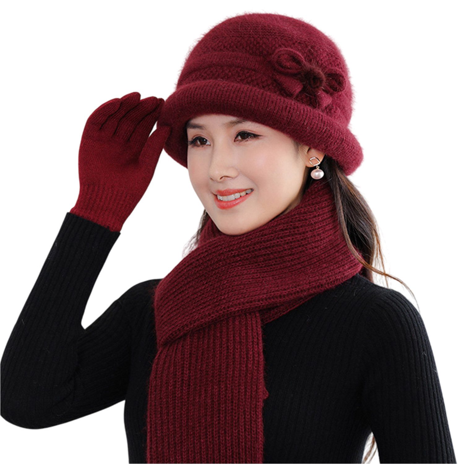 Refttenw Mütze & Schal Handschuh Winter Dickes Strickset 3-tlg Fliege-Rotwein