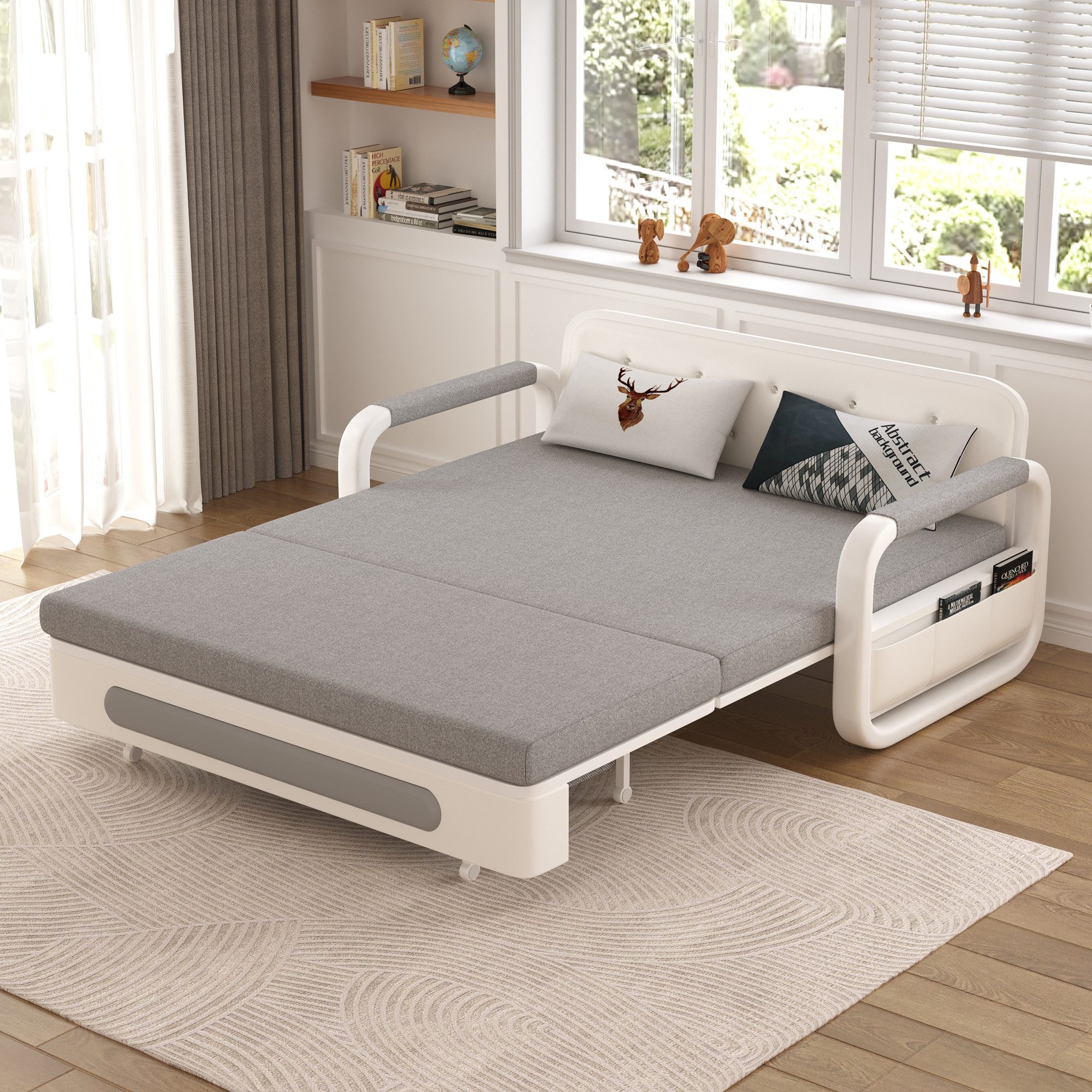 oleyluckidea Schlafsofa Ausziehbares Schlafcouch mit Stauraum für kleine Räume,Weiß, Zum Bett umwandelbar, Verfügbare Größen: 128 cm und 150 cm, sofabett