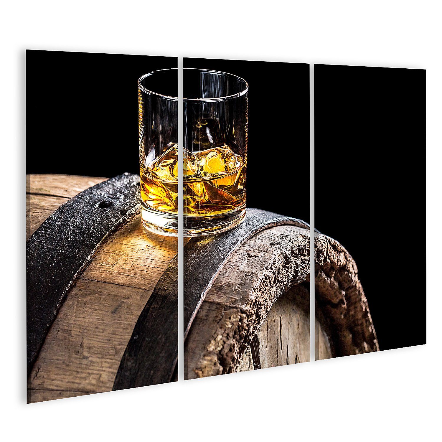 Leinwandbild Bild auf Leinwand Glas Whisky Mit Eis Auf Alten Eichenfass Wandbild L