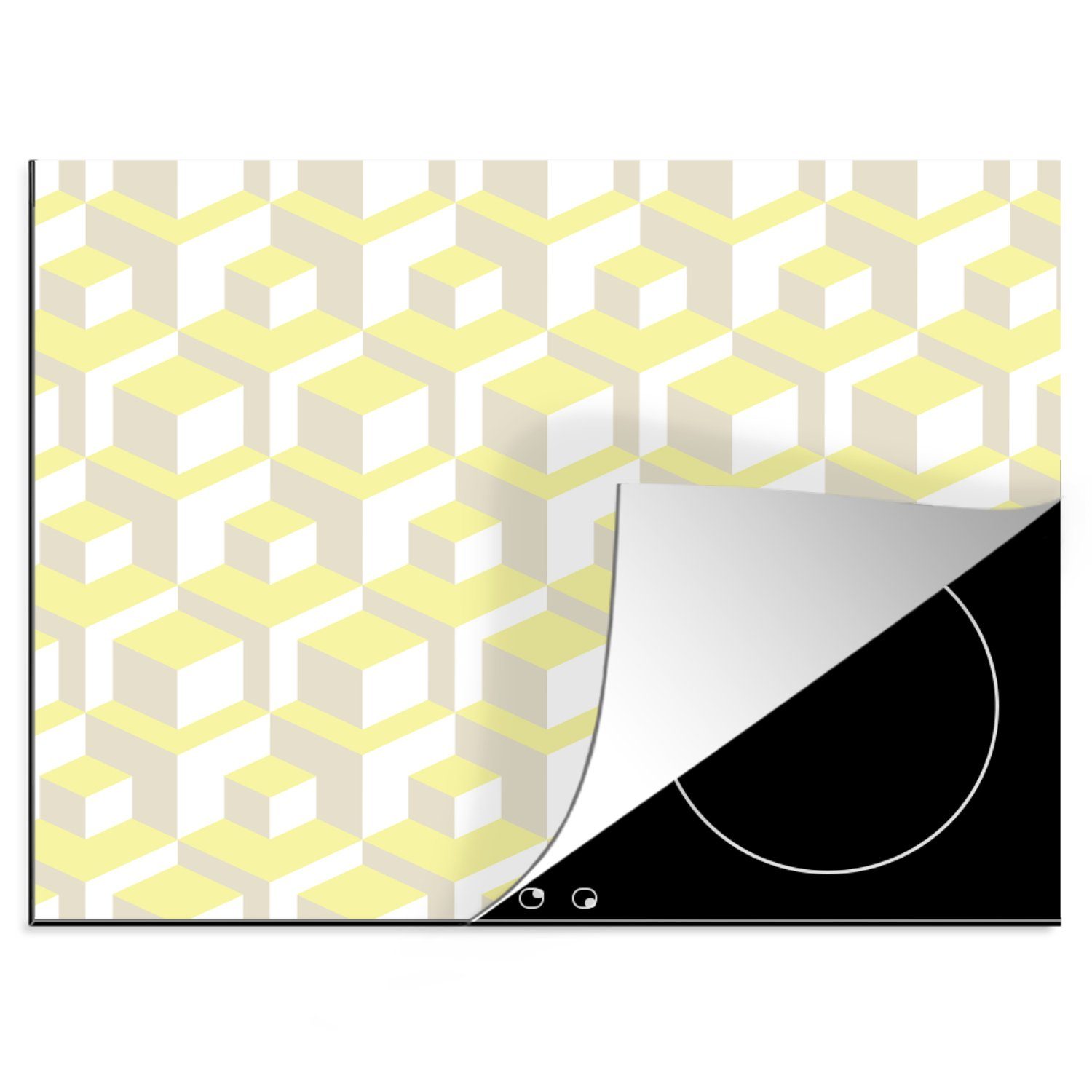 MuchoWow Herdblende-/Abdeckplatte Blöcke - Muster - 3D - Gelb, Vinyl, (1 tlg), 60x52 cm, Mobile Arbeitsfläche nutzbar, Ceranfeldabdeckung