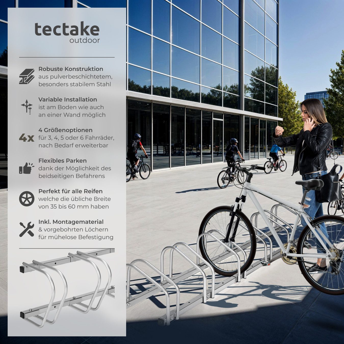 tectake Fahrradständer Fahrradhalter aus rostfreiem Stahl für Reifenbreiten von 35 - 60 mm, Boden- und Wandmontage, von beiden Seiten befahrbar
