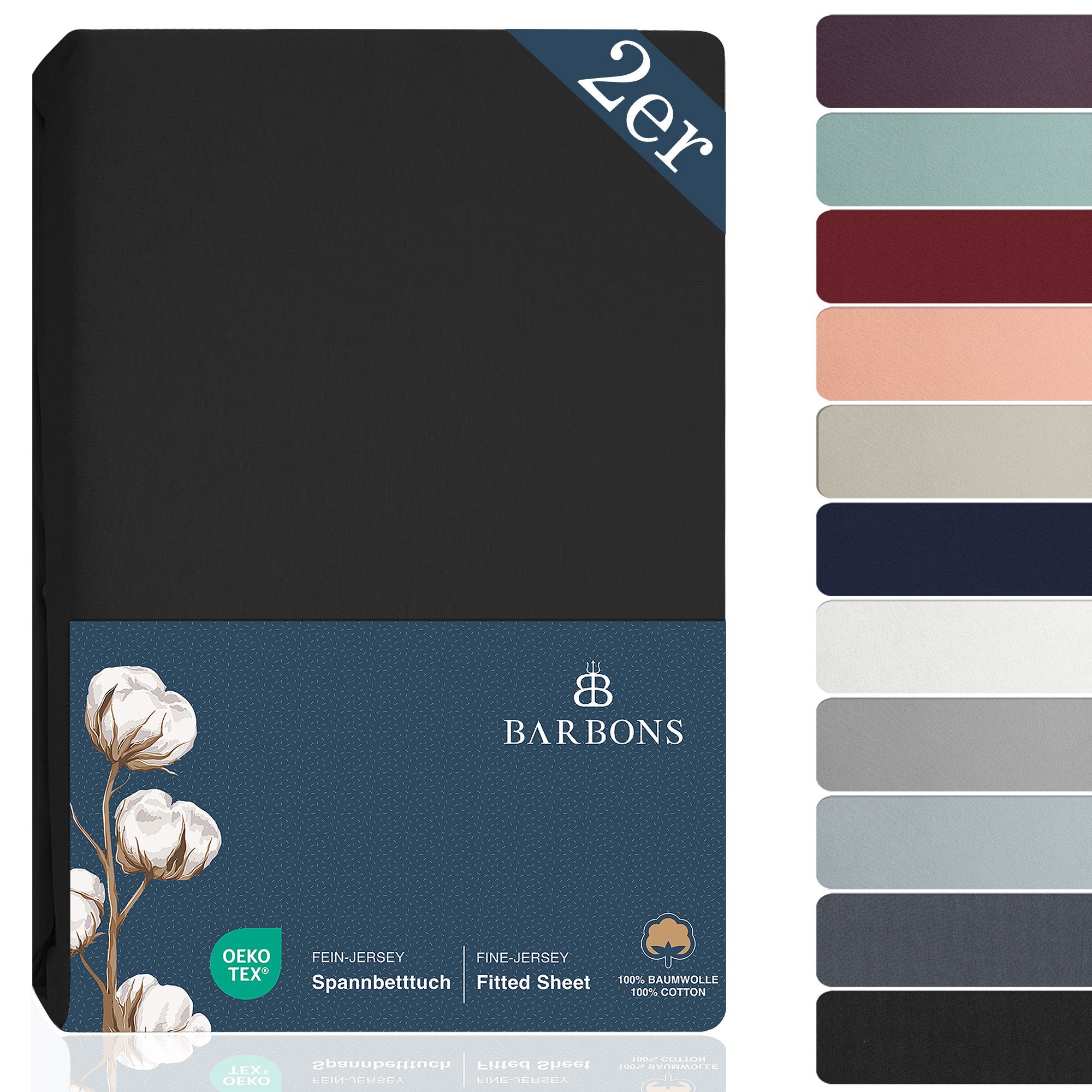 BARBONS Spannbettlaken Jersey 2er Bettlaken, 145 g/m² Spannbetttuch, bis zu 25cm Höhe, Topper, 100% Baumwolle, Gummizug: rundum, (2 Stück), Rundgummi, Atmungsaktiv