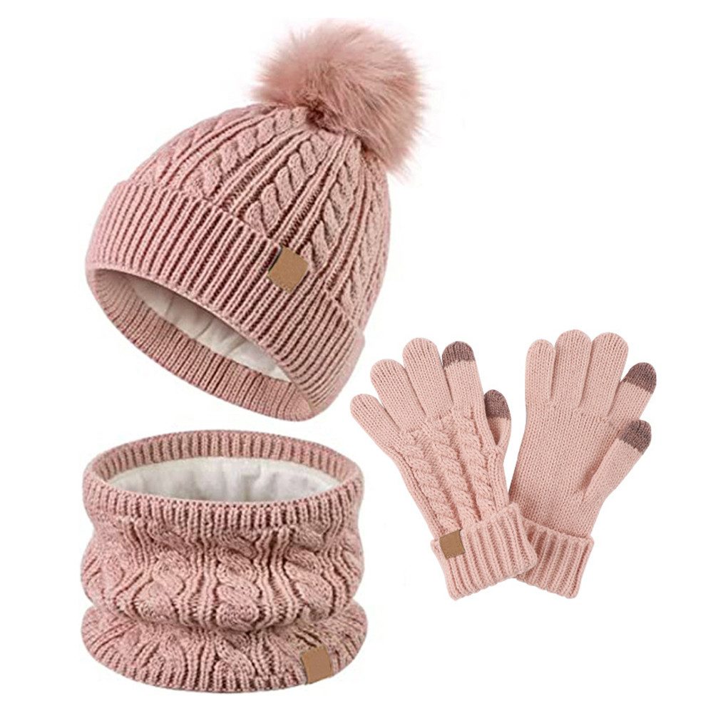 Mütze & Schal Kinder Beanie Mütze Winter mit Strick Halswärmer Warme Handschuhe Set
