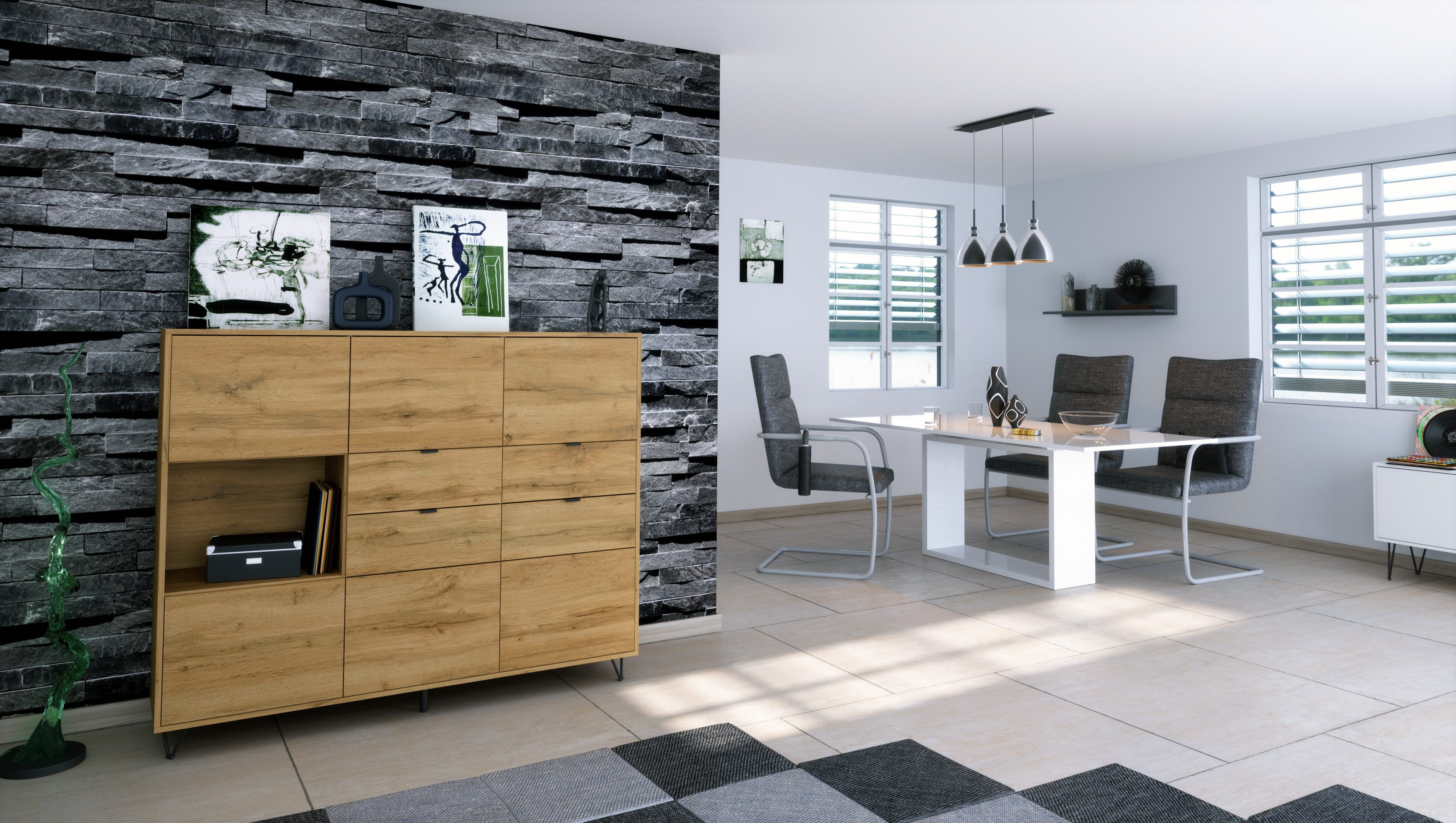 Vladon Highboard Marino (Highboard mit 6 Türen Eiche Evoke, 4 Schubladen Eiche Evoke, inkl. LED, Made in Germany), Korpus Eiche Evoke (152,5 x 125,5 x 37 cm)