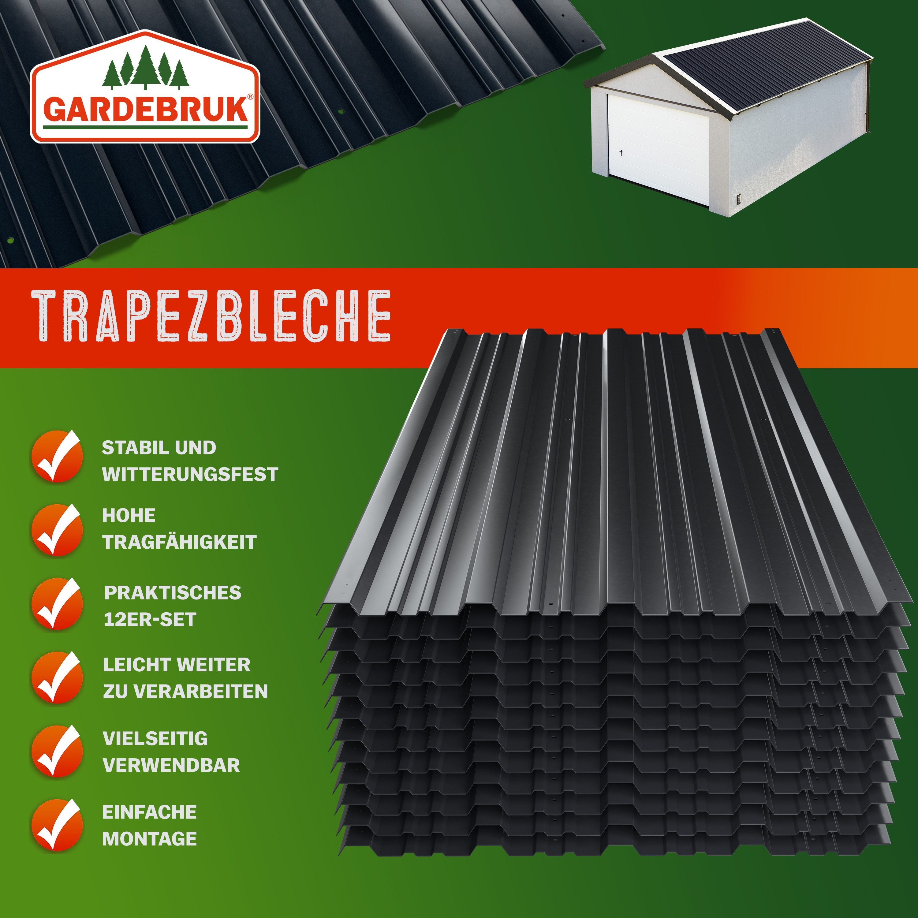 Gardebruk Wellplatte, 12x Trapezblech 129cm x 46cm = 7m² verzinkt Profilblech Dachblech