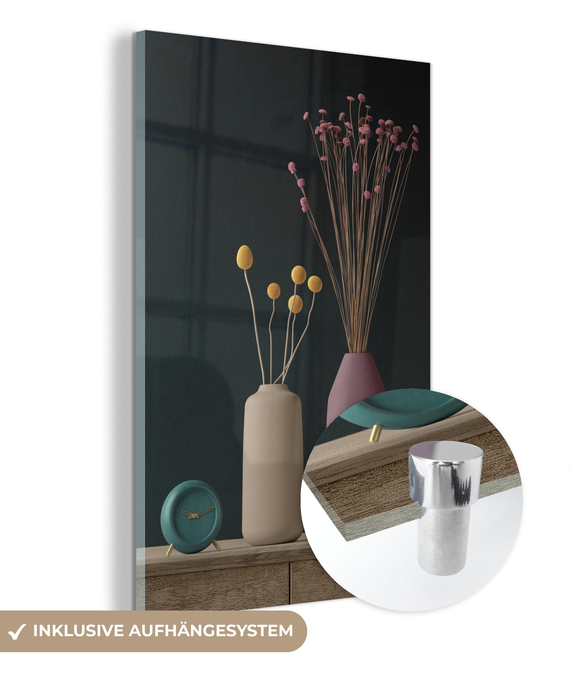 MuchoWow Acrylglasbild Stilleben - Blumen - Wecker, (1 St), Glasbilder - Bilder auf Glas Wandbild - Foto auf Glas - Wanddekoration