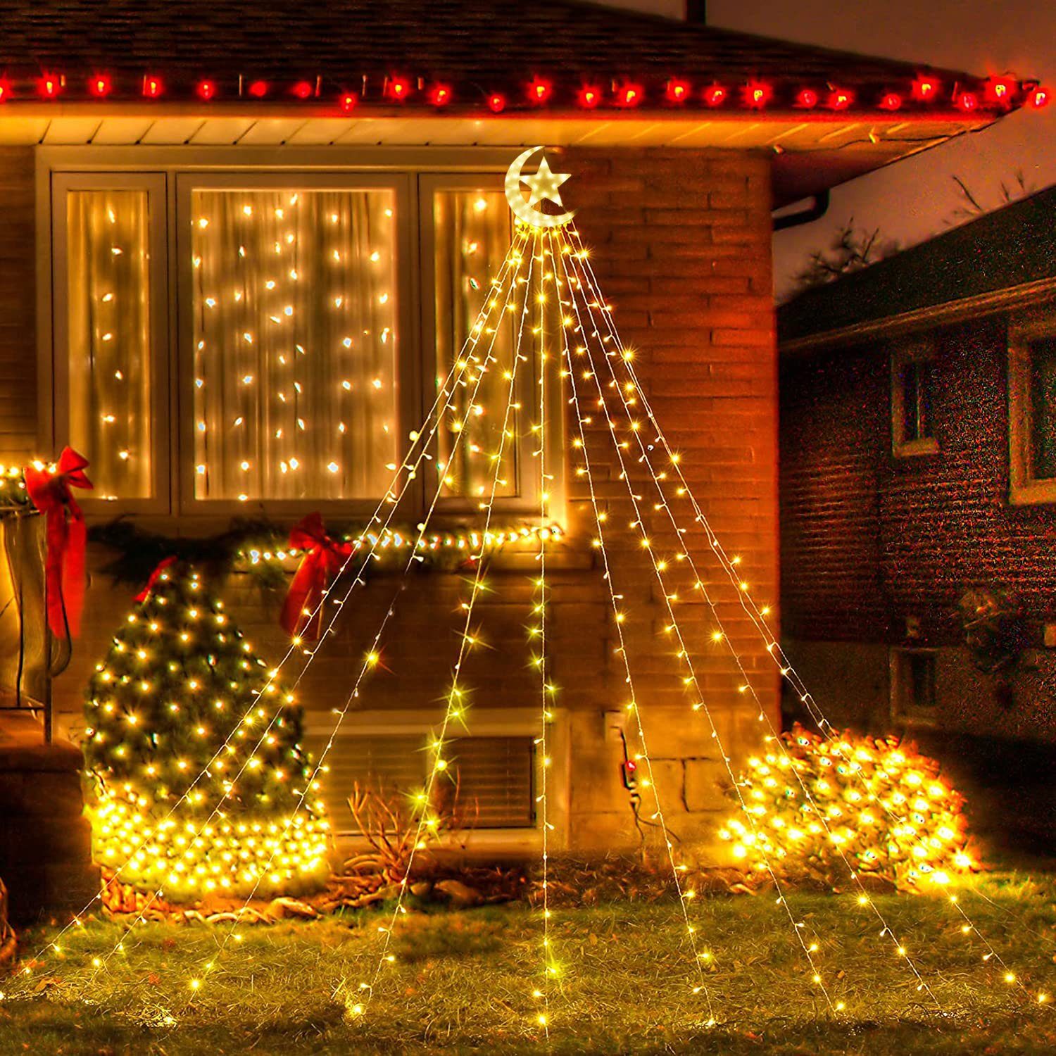 Sunicol LED-Lichterkette Wasserfall LED Weihnachtsbaum Lichterkette, Topper Star, 350-flammig, 8 Modi, Timer Warmes Weiß