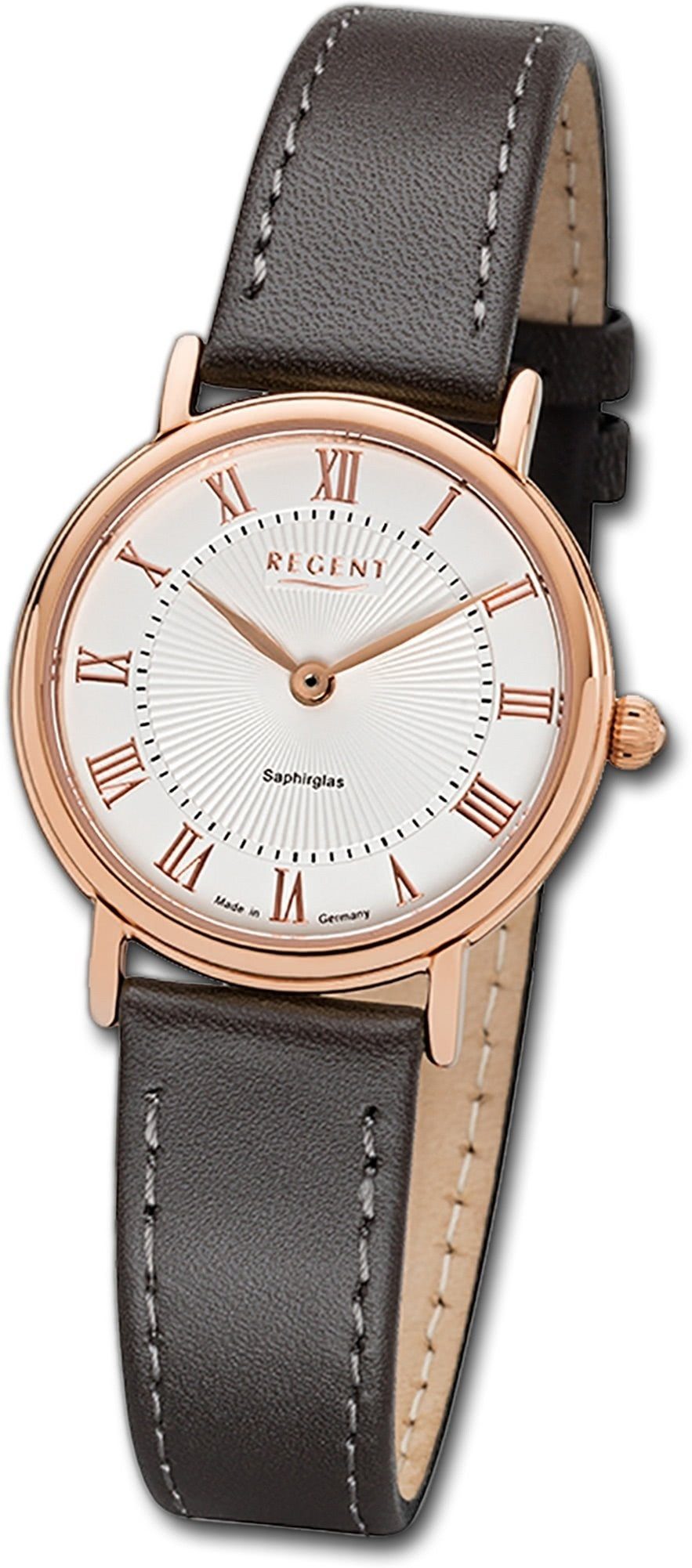 Regent Quarzuhr Regent Leder Damen Uhr GM-1604 Analog, Damenuhr Lederarmband, rundes Gehäuse, klein (ca. 28mm), silber