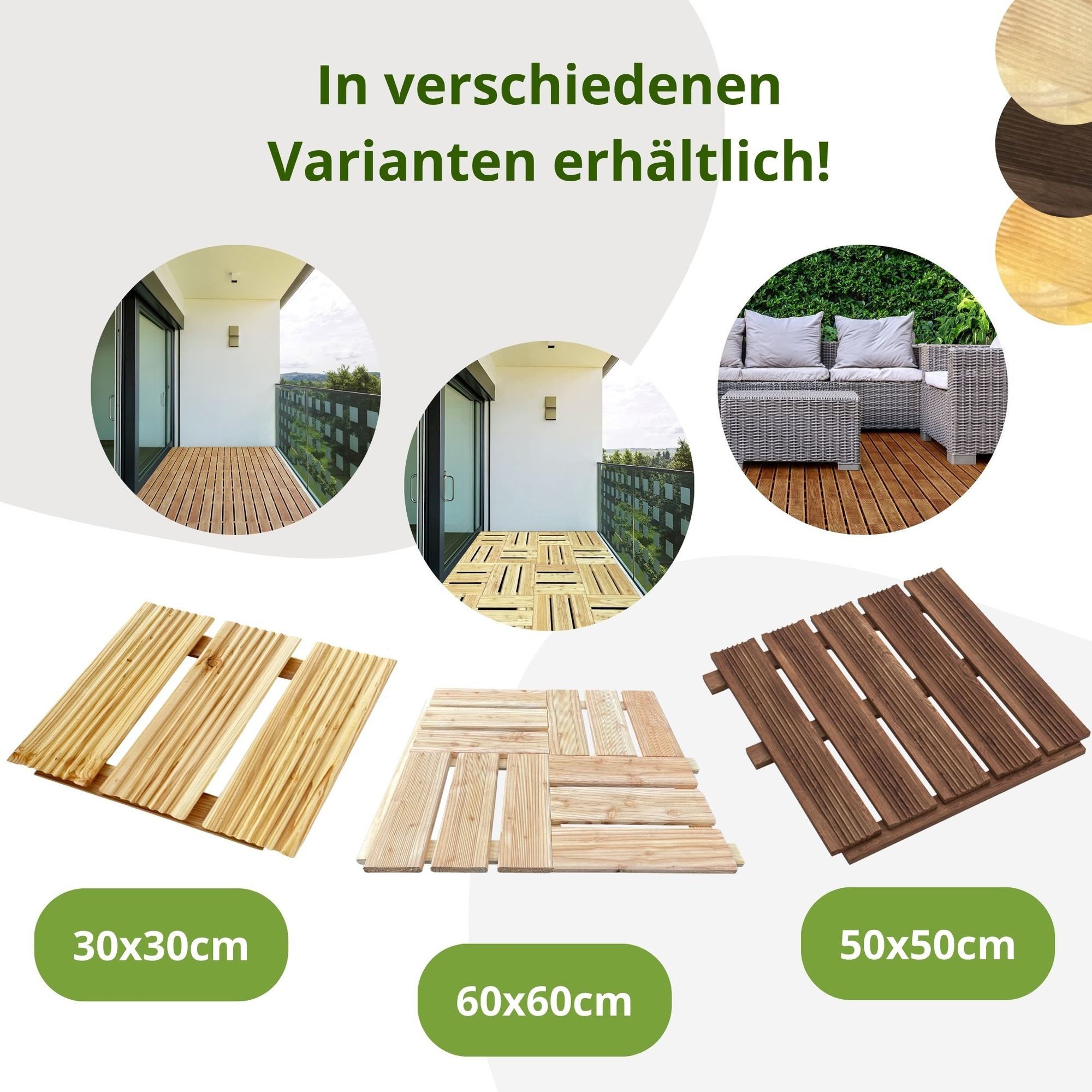 Floranica Trittsteine Holzfliese Terrassenfliese Massives Lärchenholz Balkonfliesen, 30x30 cm, Unbehandelt, 1-St., Fein Geriffelt Bodenbelag mit Drainage Balkon-Bodenbelag für Outdoor