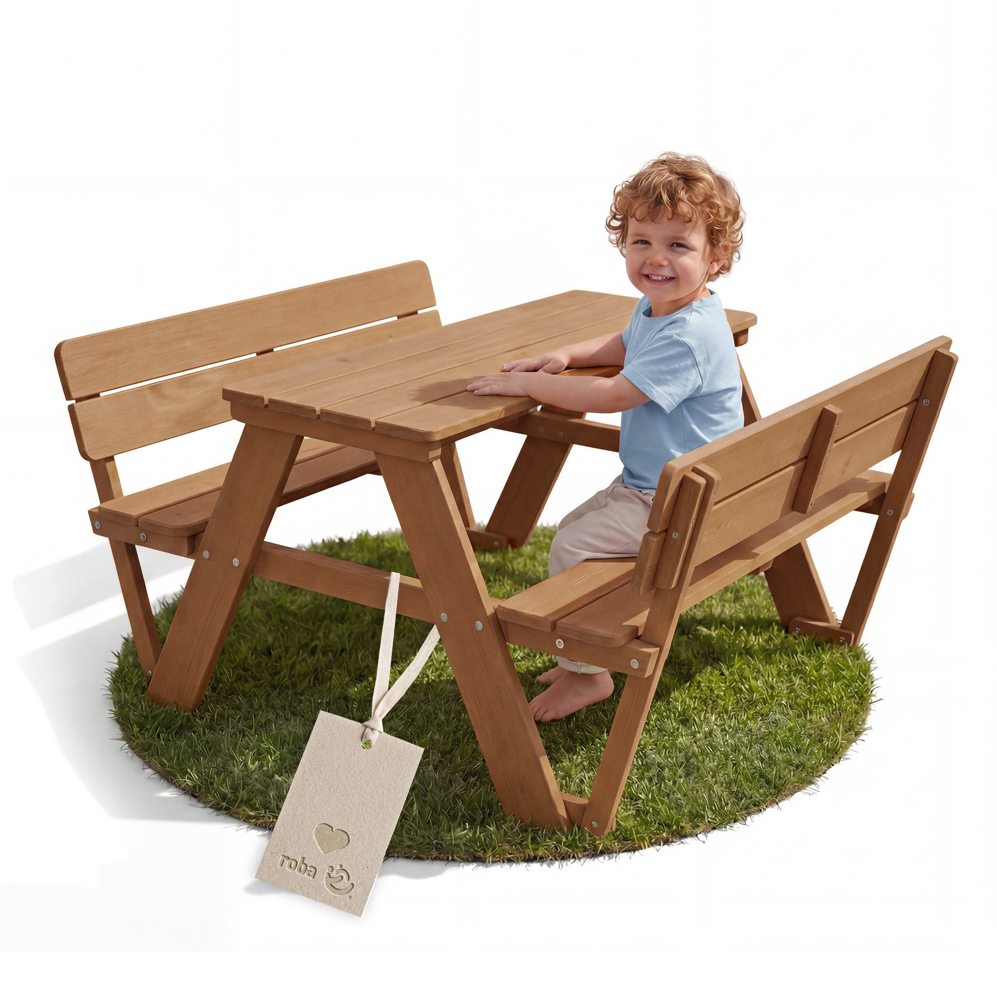 roba® Garten-Kindersitzgruppe Outdoor+, mit 2 Bänken, 1 Tisch "Picknick for 4", aus Massivholz, wetterfest