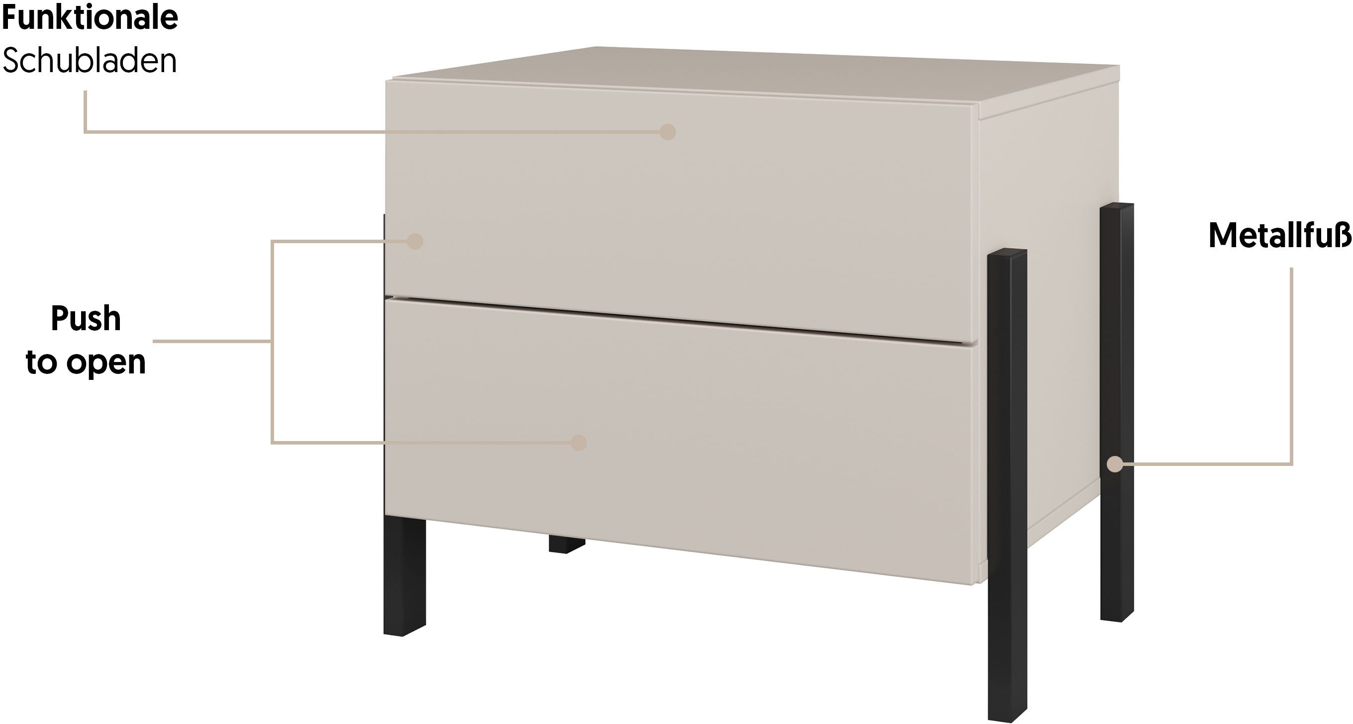 OTTO home Nachtkommode Jukon, Breite 59 cm, moderne Kommode mit zwei Schubladen, Nako mit zwei Schubladen, push to open Funktion