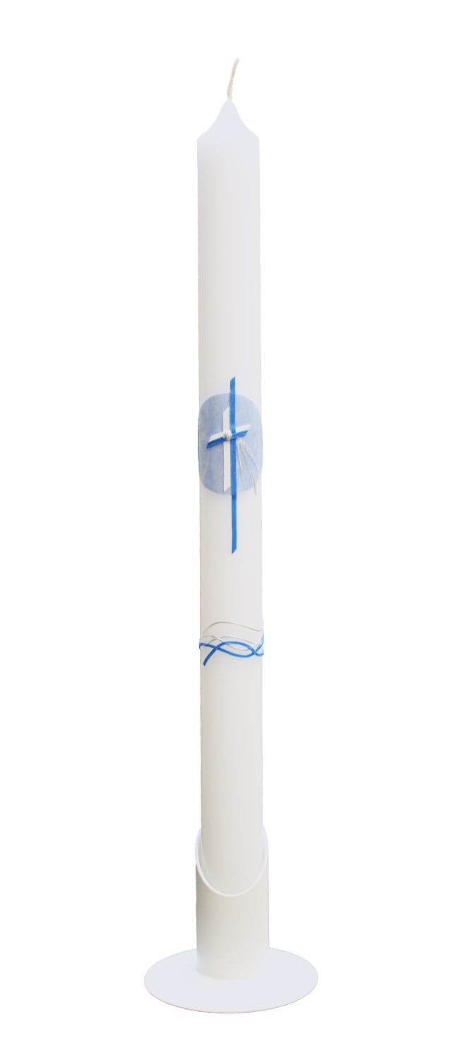 INNA-Glas Stumpenkerze Kirchenfeier Kerze CLEMENCE, verziert, weiß-blau, 41,5cm, Ø3cm