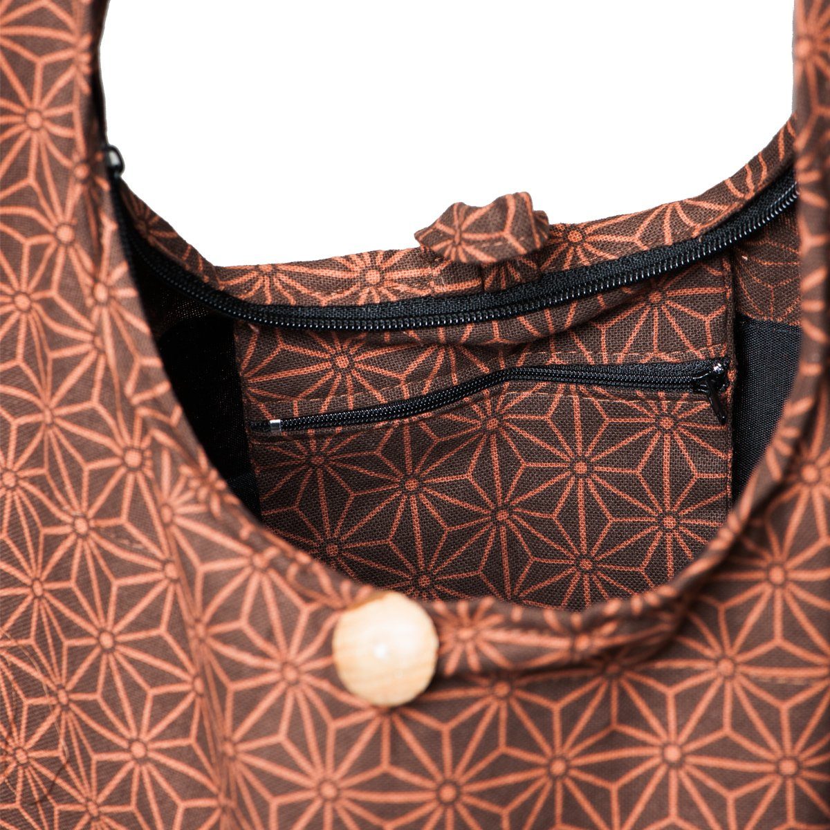 Asanoha Wickeltasche und PANASIAM Größen In geeignet Schultertasche Beuteltasche Umhängetasche, aus 2 Geometrix auch 100% als Baumwolle braun praktische Handtasche Schulterbeutel
