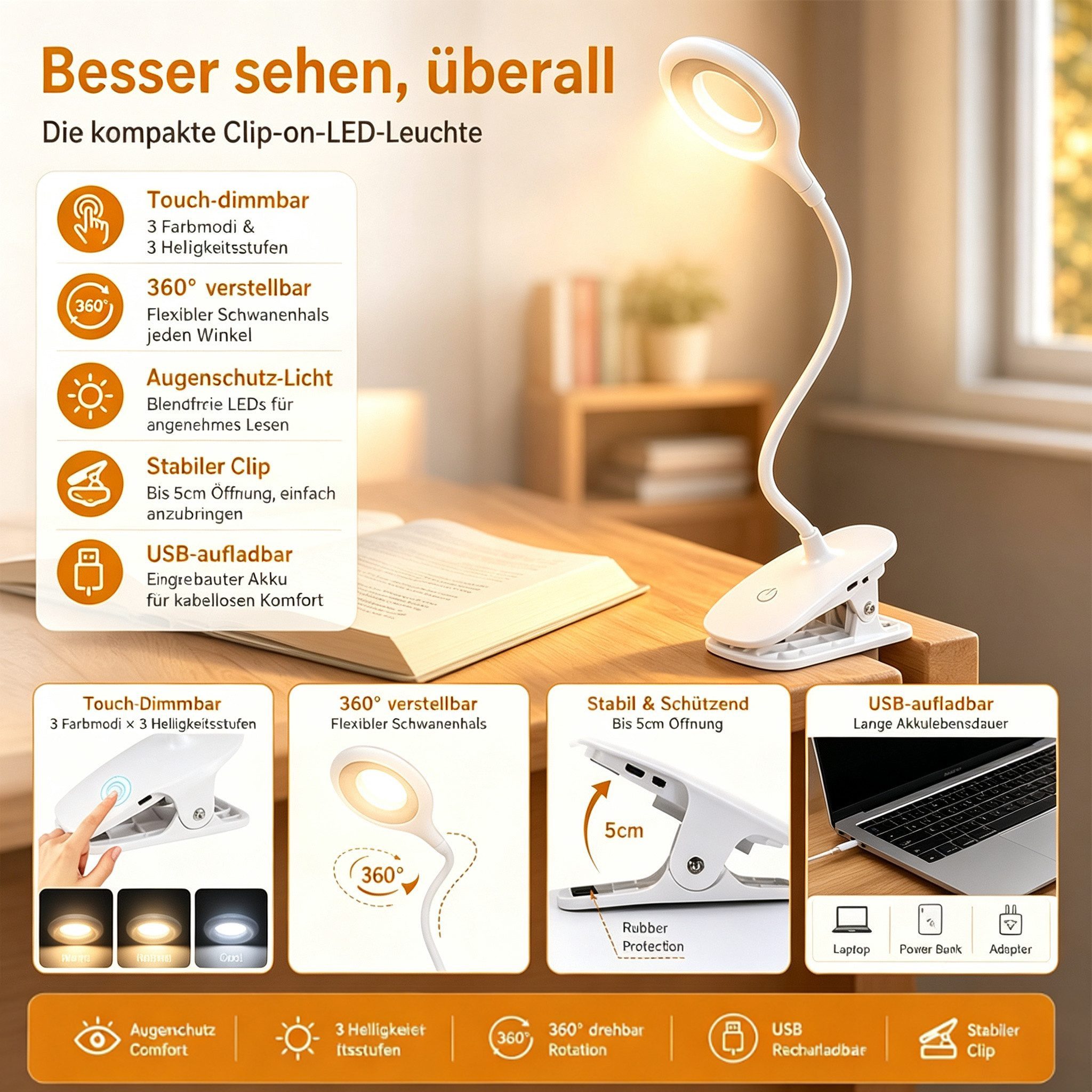 Fyrove LED Leselampe Leselampe Buch Klemme im Bett, USB Wiederaufladbare Leselicht, LED fest integriert, Warmweiß, Kaltweiß, Neutralweiß, Klemmlampe Augenschonende Leselampe Klemme mit 3 Helligkeitsstufen