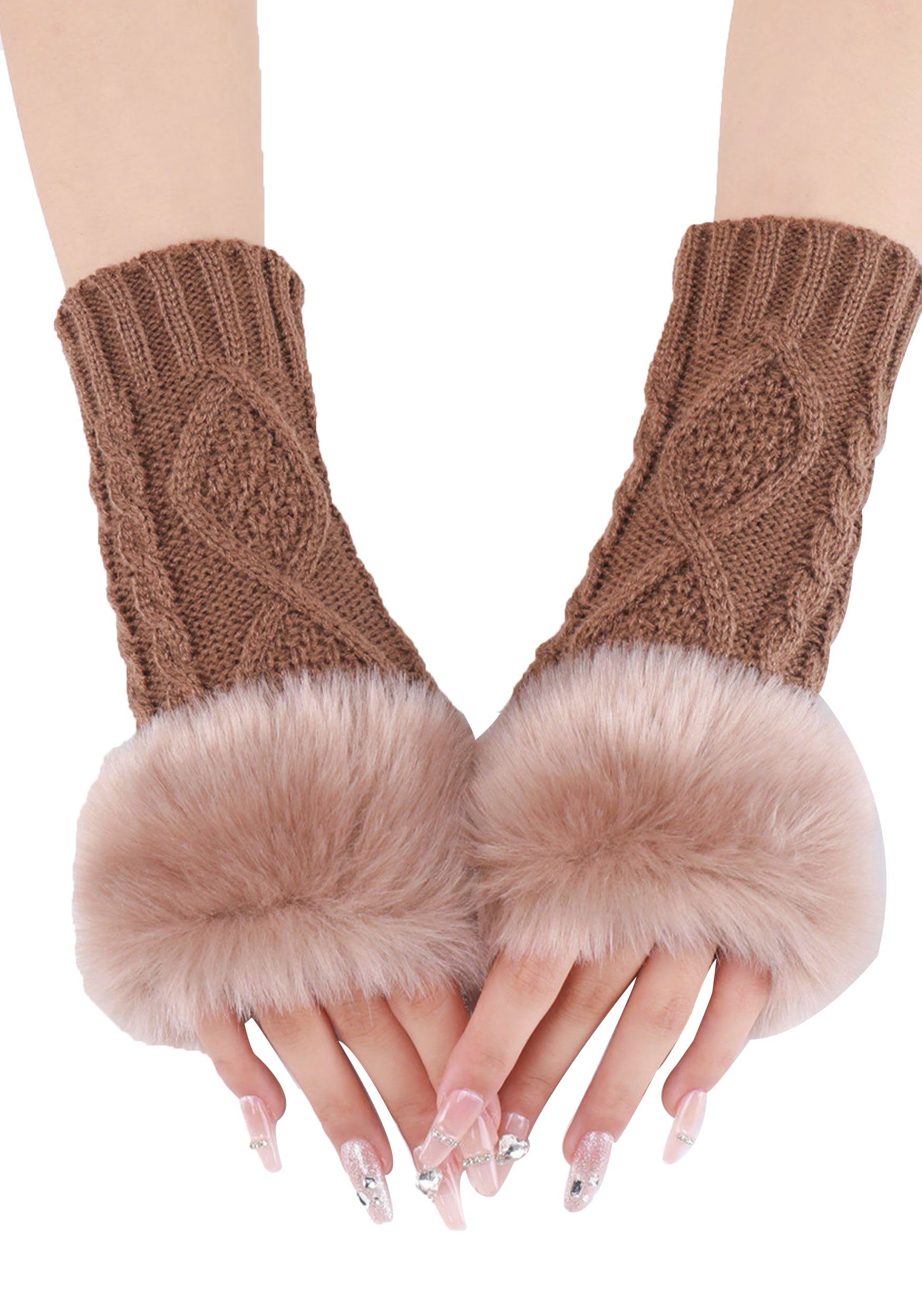 Strickhandschuhe Pulswärmer Winter-warmer MAGICSHE Stricken,Gestrickte Armstulpen Jacquard Khaki Plüsch Fingerlose Damen Handschuhe