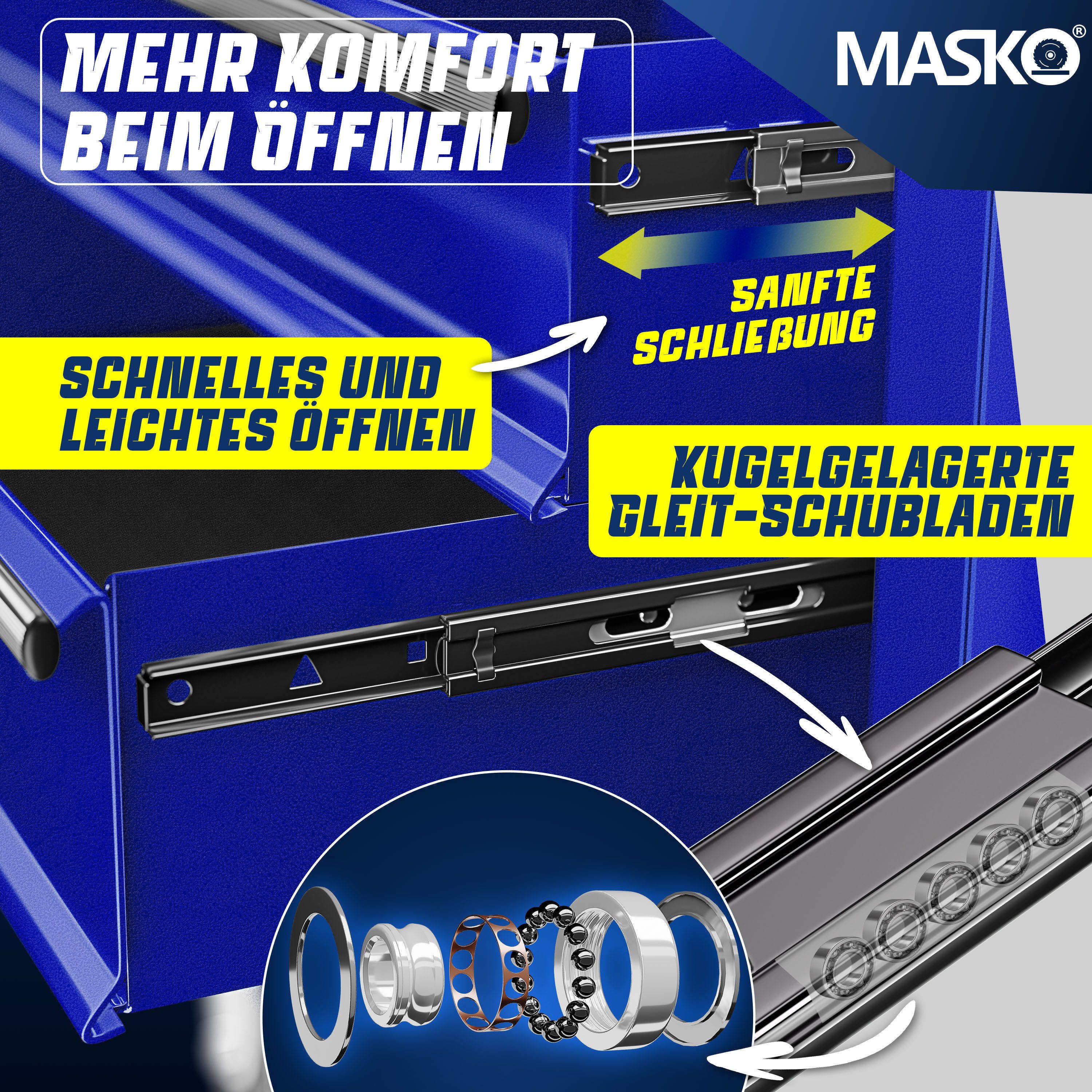 MASKO Werkstattwagen Profi Werkzeugwagen mit 7 Schubladen, abschließbar, massives Metall, 7 Fächer Blau, max. Traglast:26 kg, Rollwagen zur Werkzeugaufbewahrung mit Schloss & 2 Schlüssel