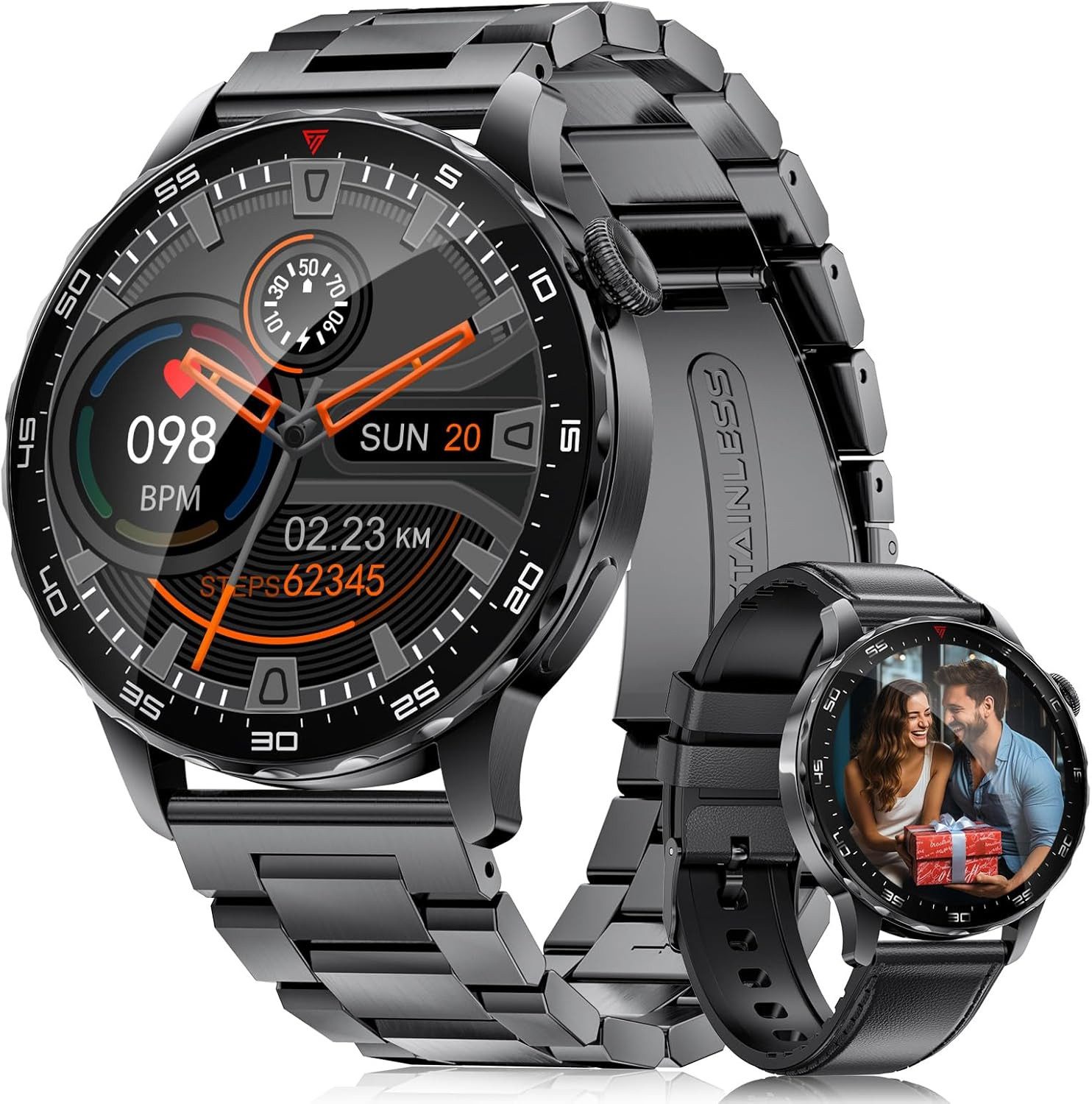 BENYAR SML21-E Smartwatch (3,6 cm, android ios), Smartwatch mit AMOLED Display Telefonfunktion Edelstahlgehäuse Herren