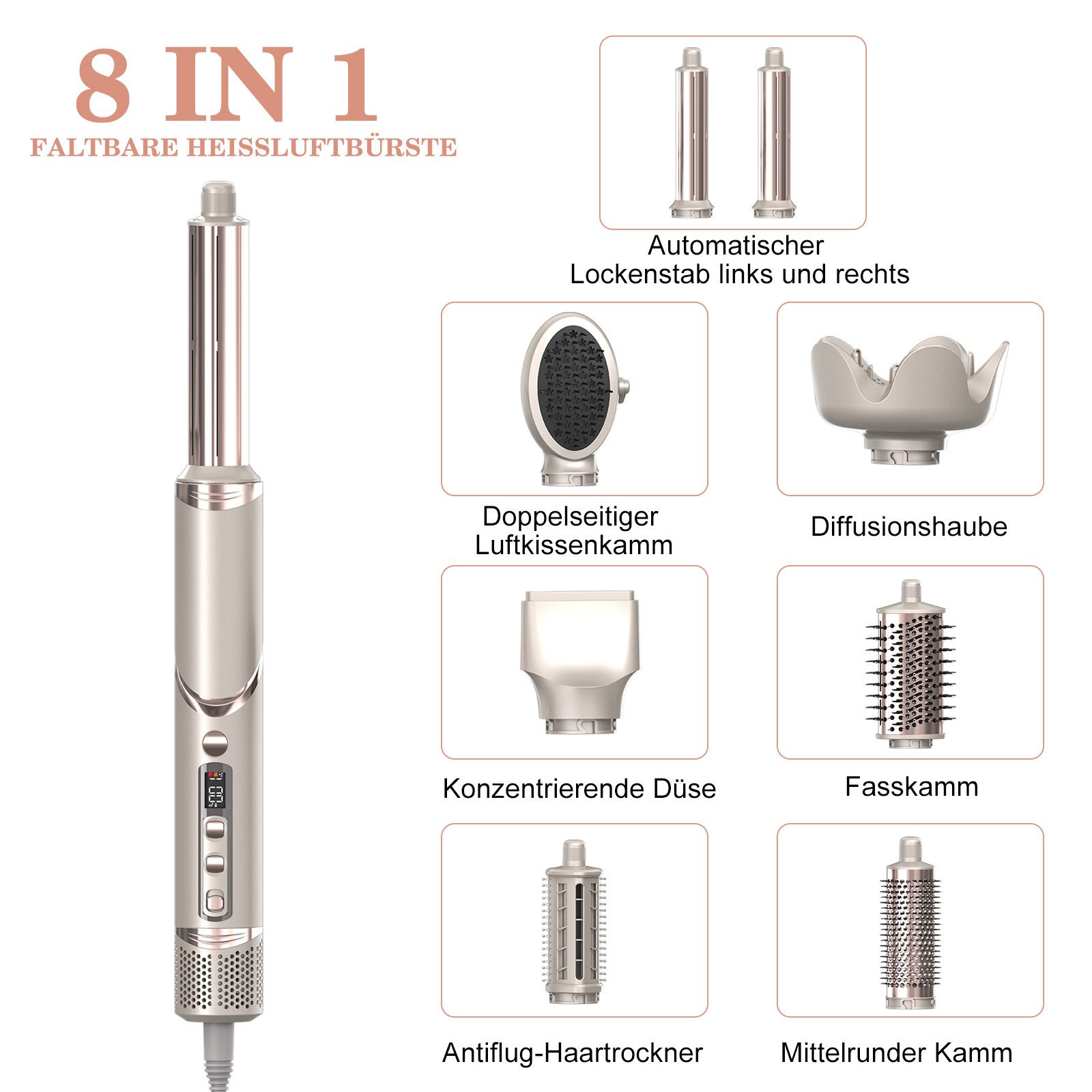 TWSOUL Warmluftbürste 8-in-1 Multihaarstyler&Haartrockner 110,000 U/min Temperaturkontrolle, Komplettes Zubehör für perfektes Styling, Schnelltrocknend, Volumen