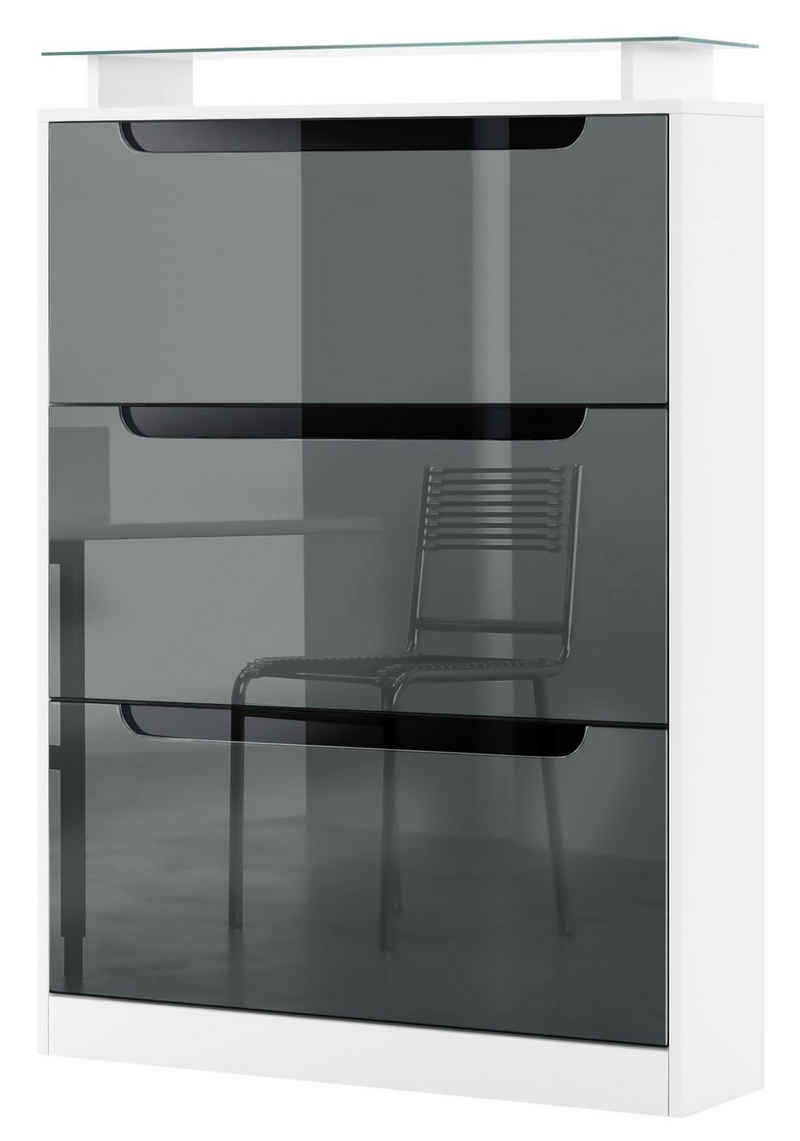 Vladon Schuhschrank Space (Schuhkipper, für 24 Paar Schuhe mit 3 Klappen und Glasablage) Weiß matt/Grau glänzend/Absetzung in Schwarz glänzend (89x128x23 cm)