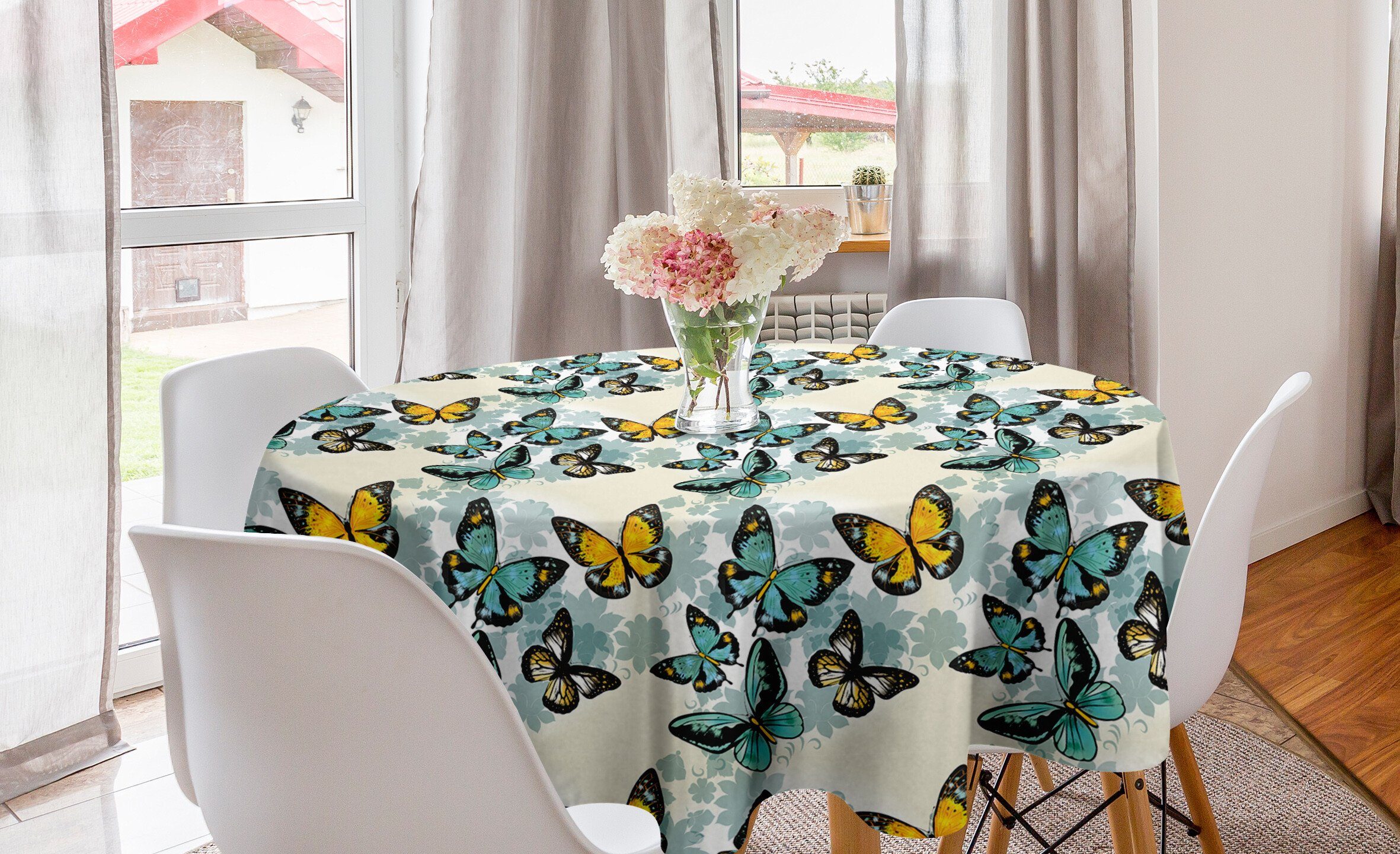 Abakuhaus Tischdecke Kreis Tischdecke Abdeckung für Esszimmer Küche Dekoration, Schmetterling Moth Floral Silhouetten | Tischdecken