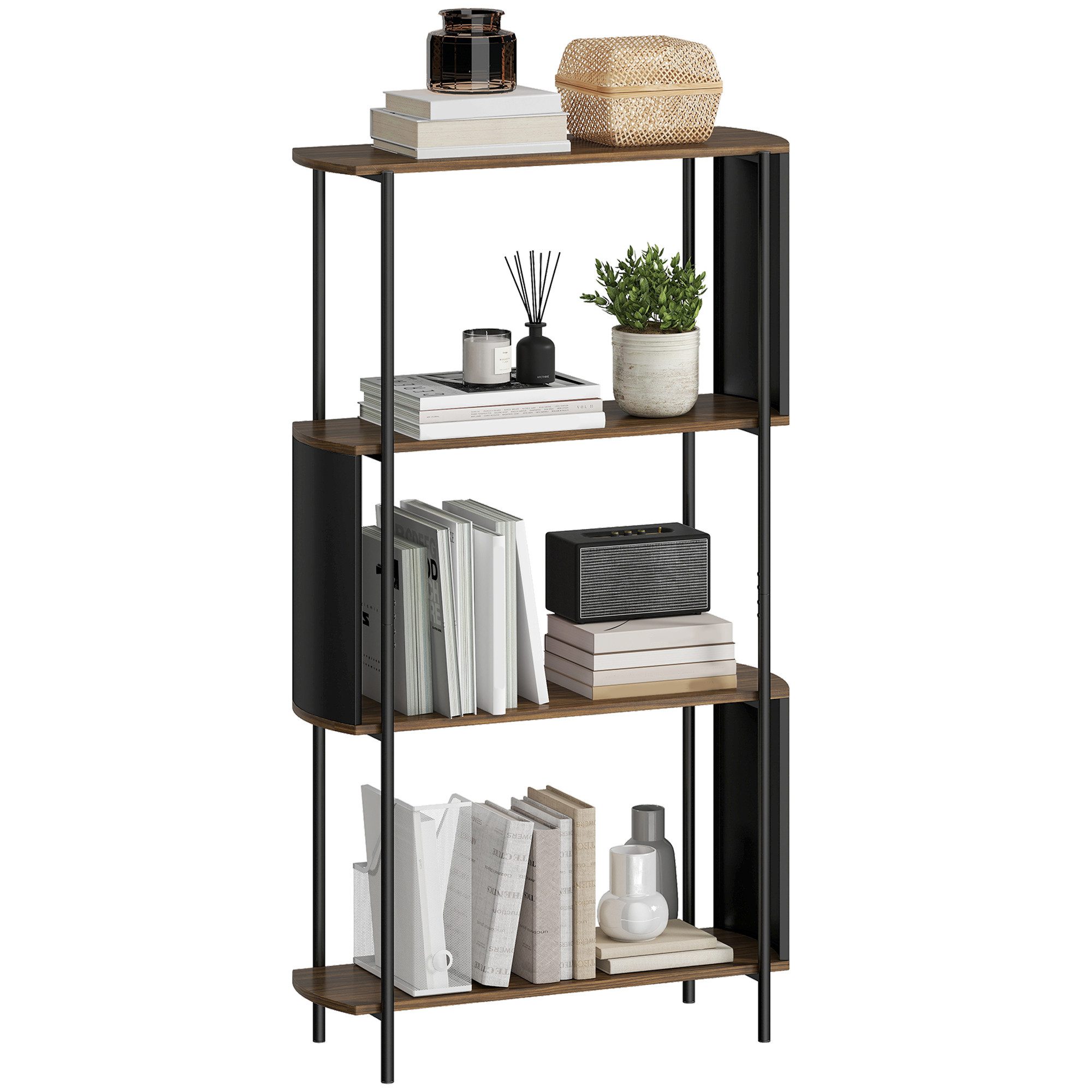 HOMCOM Standregal geschwungenes Design Regal, Bücherregal 1-tlg., für Wohnzimmer, Arbeitszimmer, Büro, braune Holzoptik