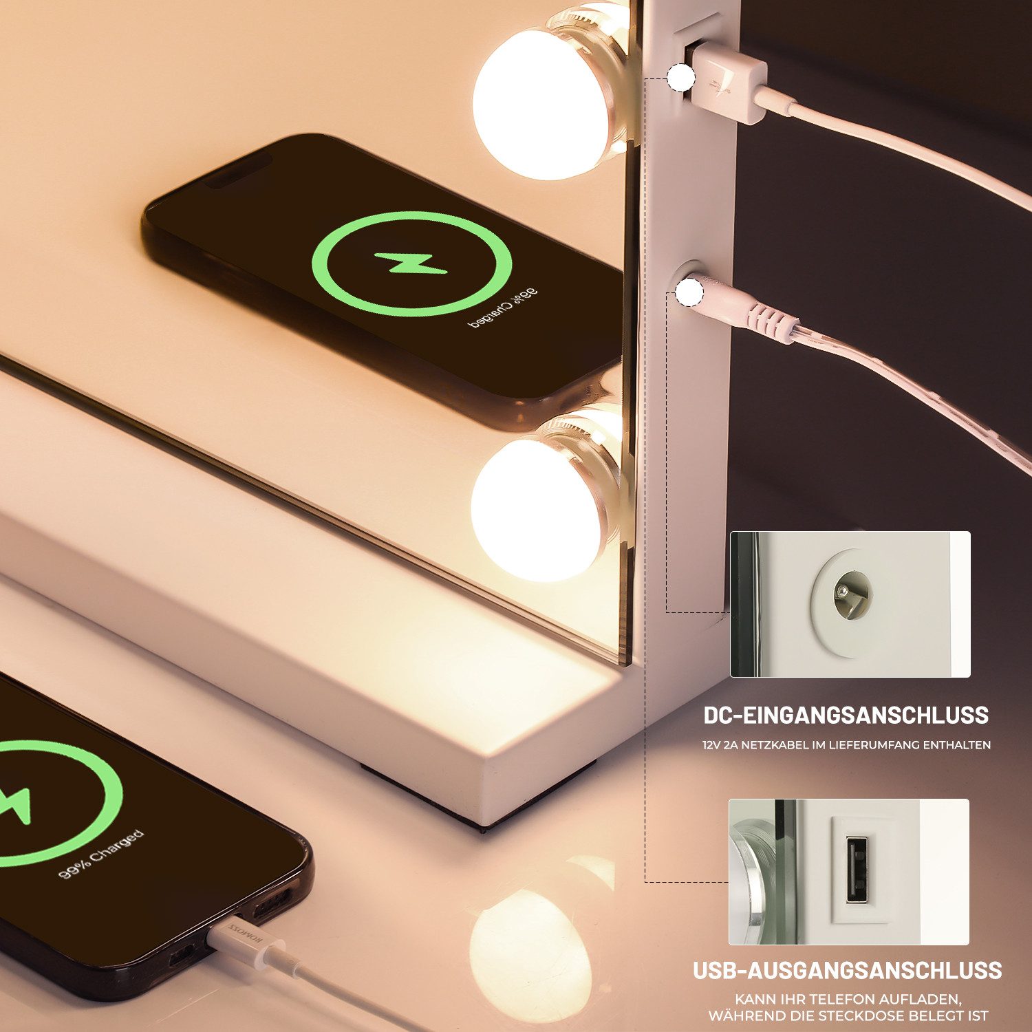 oyajia Schminkspiegel Bluetooth Hollywood Spiegel, Schminkspiegel mit Beleuchtung und USB (3-farbig einstellbares Licht mit Memory-Funktion, 1-St., Mit Musiklau – Bild 4 von 5