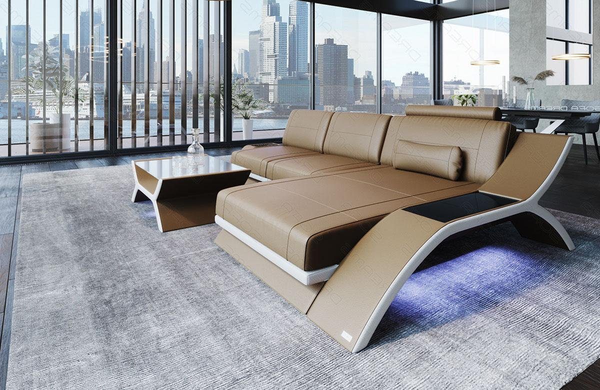 Sofa Dreams Ecksofa Sofa Leder Calabria L Form Ledersofa, Couch, mit LED Beleuchtung, USB Anschluss und Multifunktions-Console