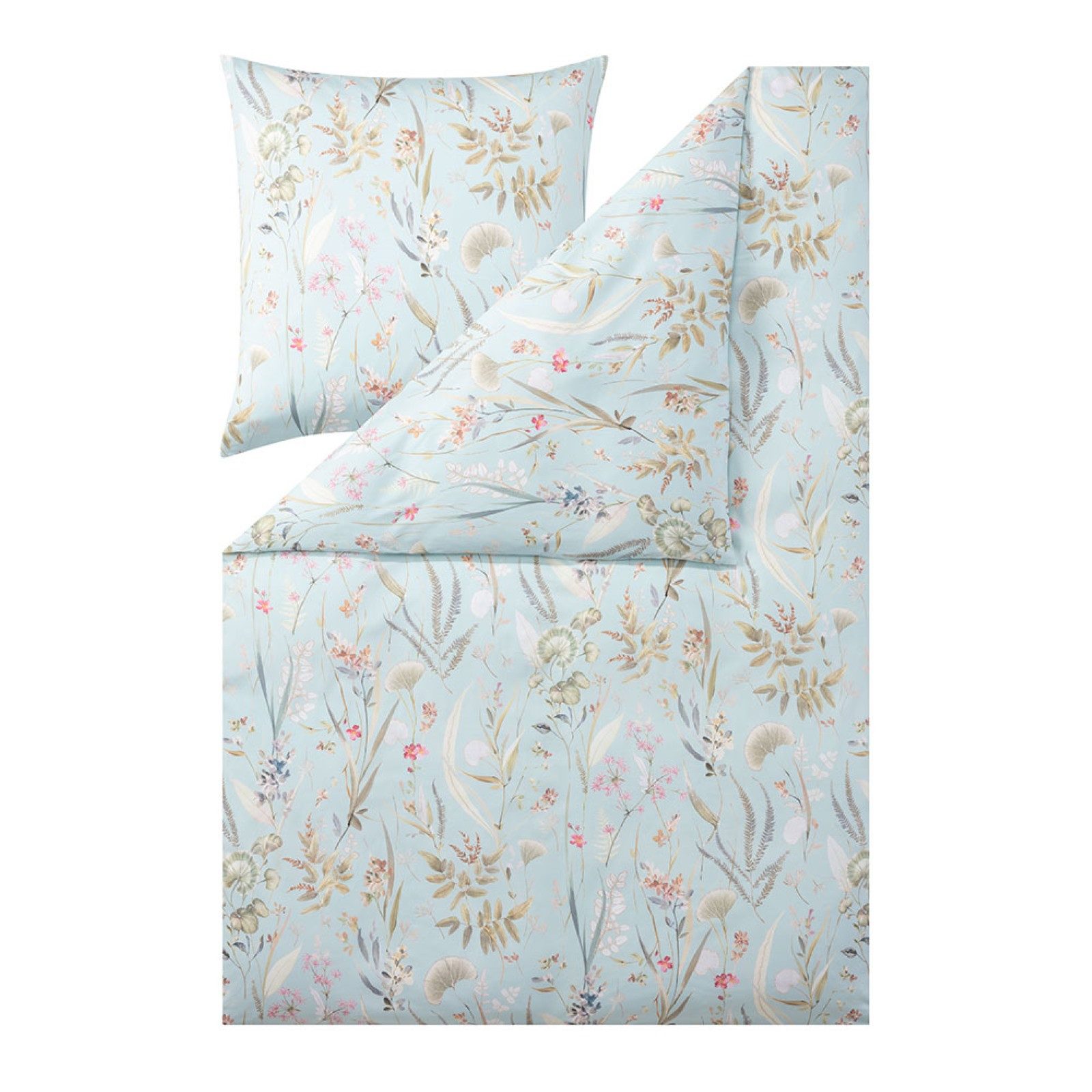Estella Bettwäsche Estella Mako-Satin Bettwäsche 155x220 Rieke azur Gräser Wiesenblumen, Mako-Satin, 2 teilig, für Sommer und Winter