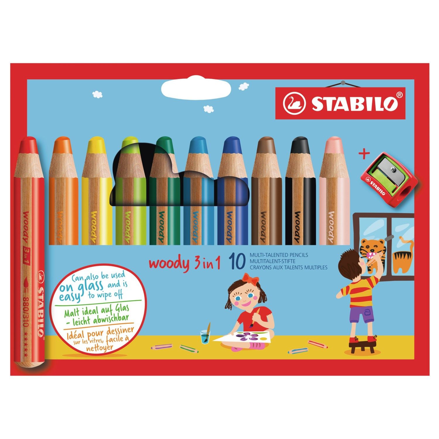STABILO Wachsmalstift Buntstift Woody 3 in 1 / 10er Kartonetui mit Spitzer, (11-tlg)