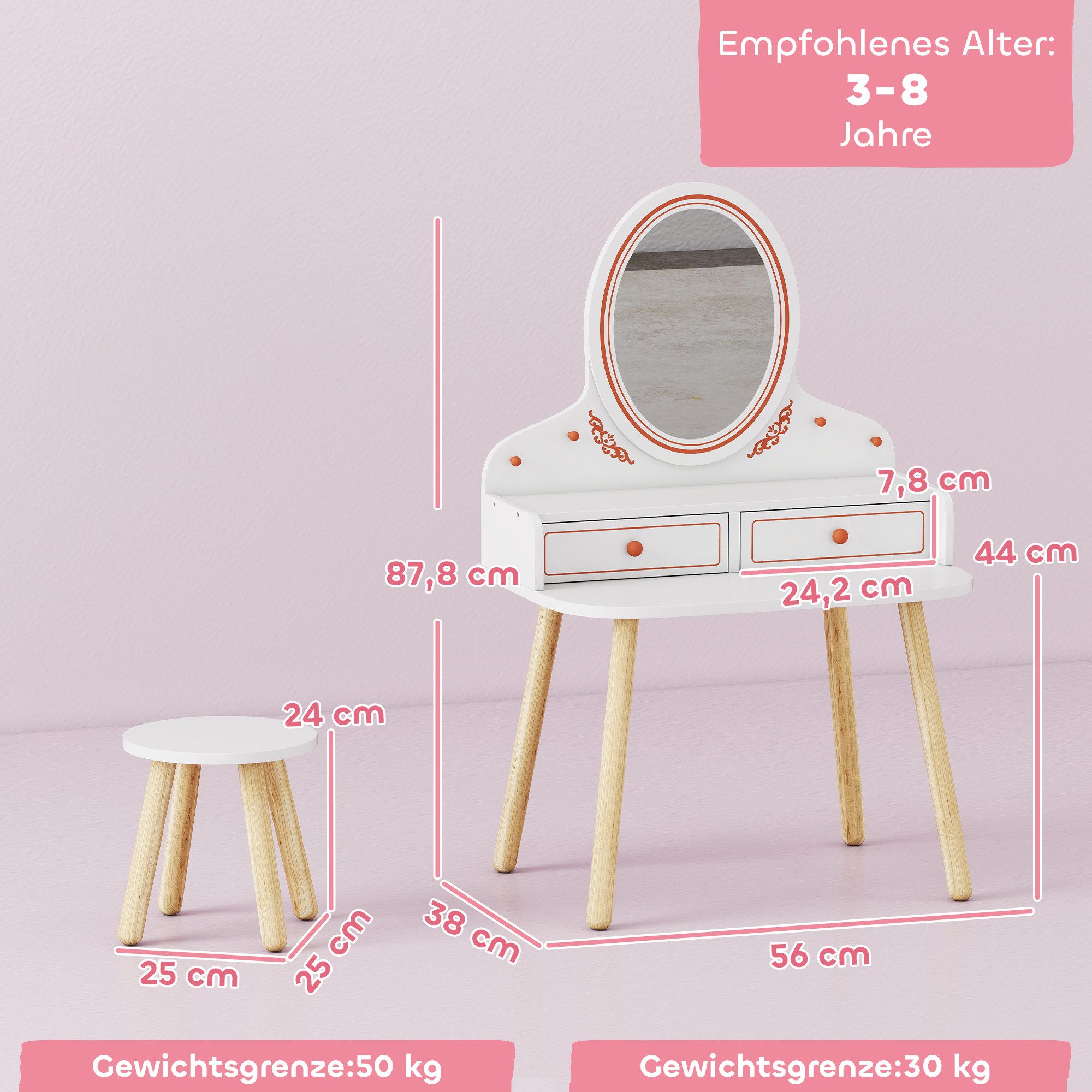 AIYAPLAY Schminktisch mit Spiegel Schubladen Kleiderstangen (Frisiertisch mit Hocker, 2-St., Make-up Tisch), für Mädchen 3-8 Jahre Weiß