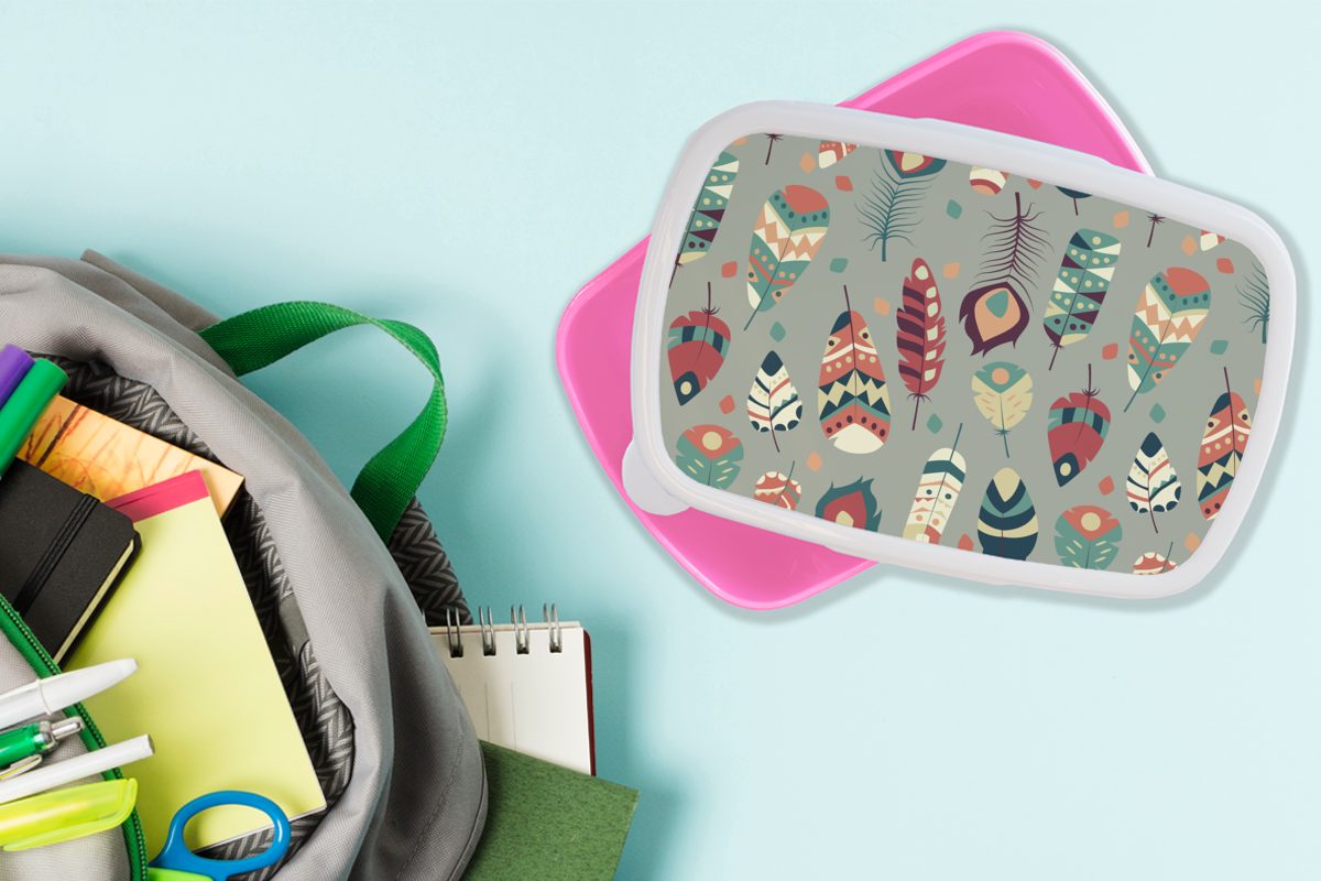 Mädchen, Teens (2-tlg), rosa Brotbox Federn Kunststoff Lunchbox Erwachsene, MuchoWow - Brotdose für Kunststoff, Muster, Kinder, - Snackbox,