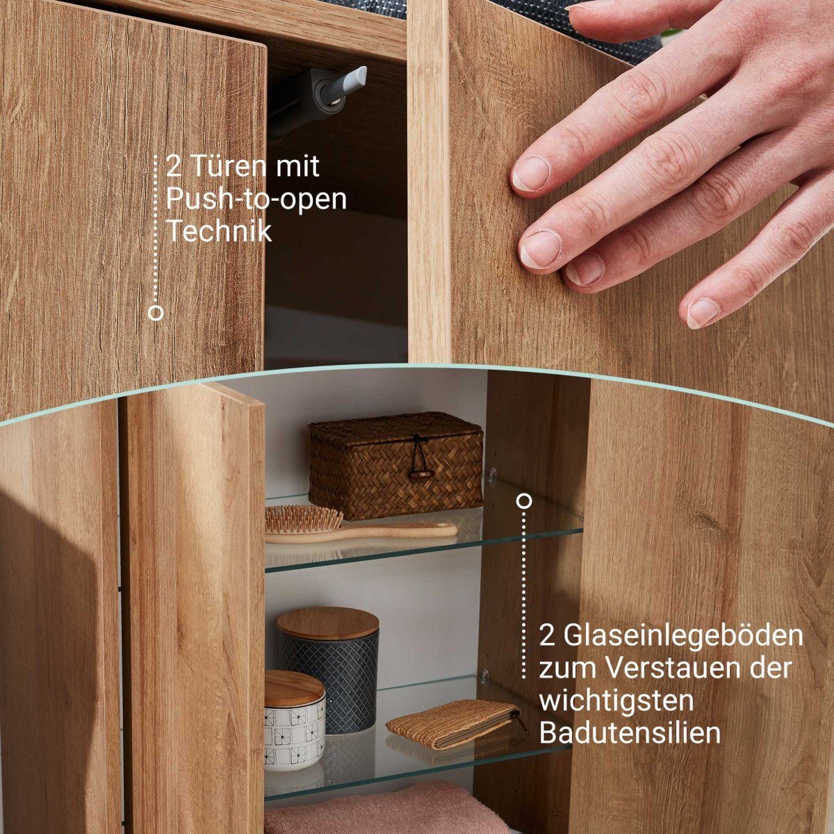 FACKELMANN Badmöbel-Set Finn Doppel Midischrank 60 cm mit Füßen, hell braun