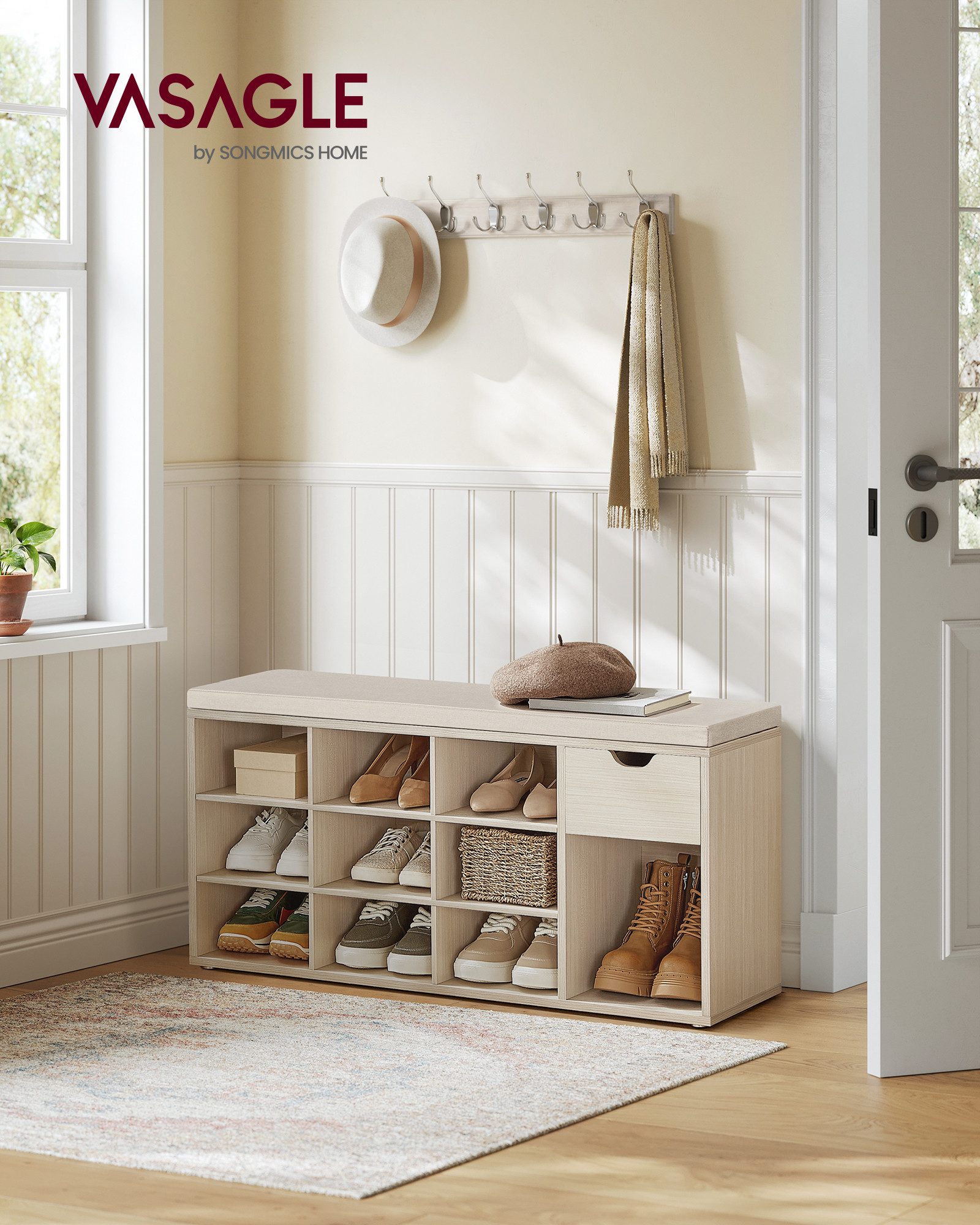 VASAGLE Schuhbank Schuhregal, Flur, Schlafzimmer und Eingangsbereich, 30 x 104 x 48 cm (1 Schublade, 10 offene Fächern), Sitzbank, gepolsterter Sitz, naturbeige-cappuccinobeige