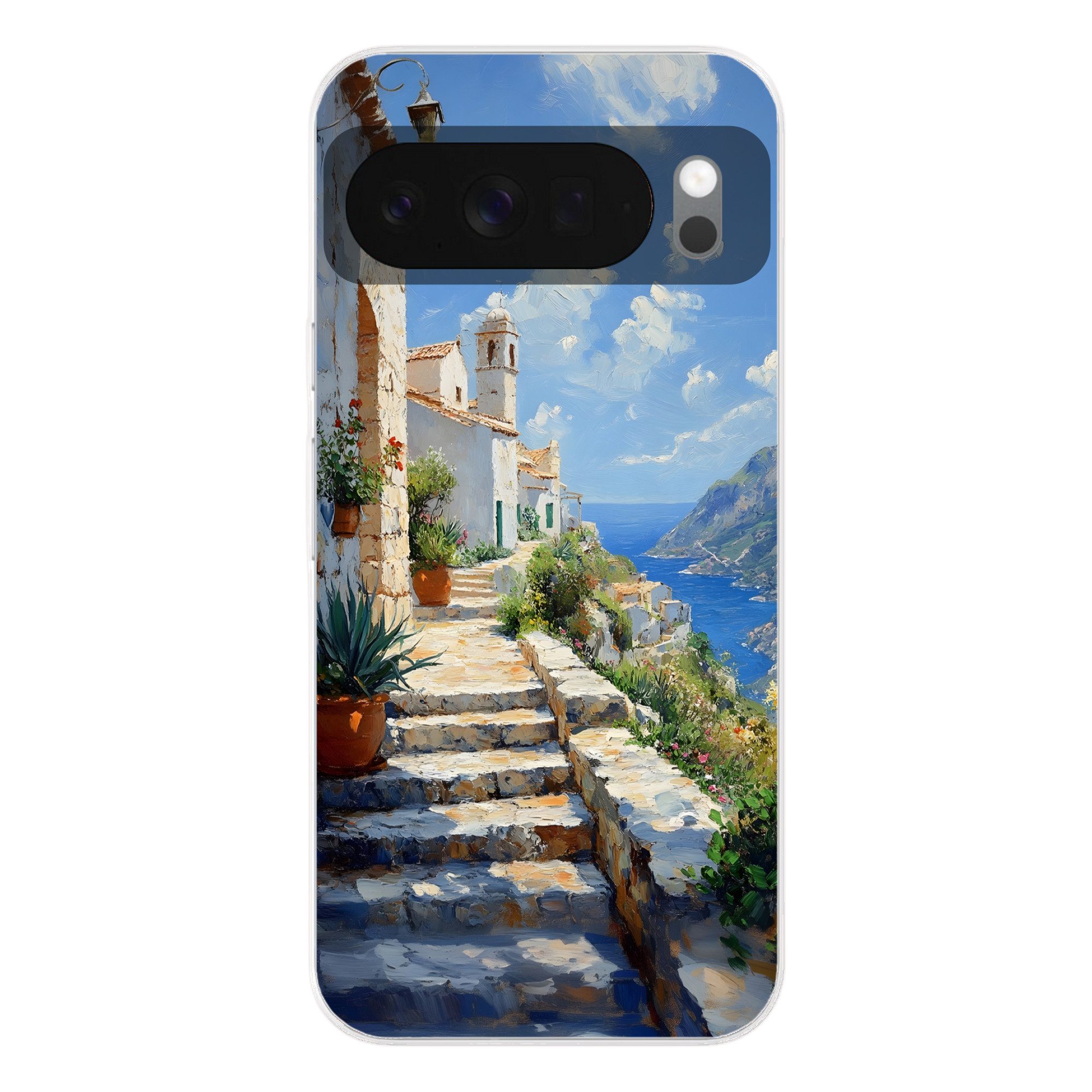 MuchoWow Handyhülle für Google Pixel 10 Treppe - Häuser - Berglandschaft - Meer, Phone Case, Silikon, Schutzhülle Dünn