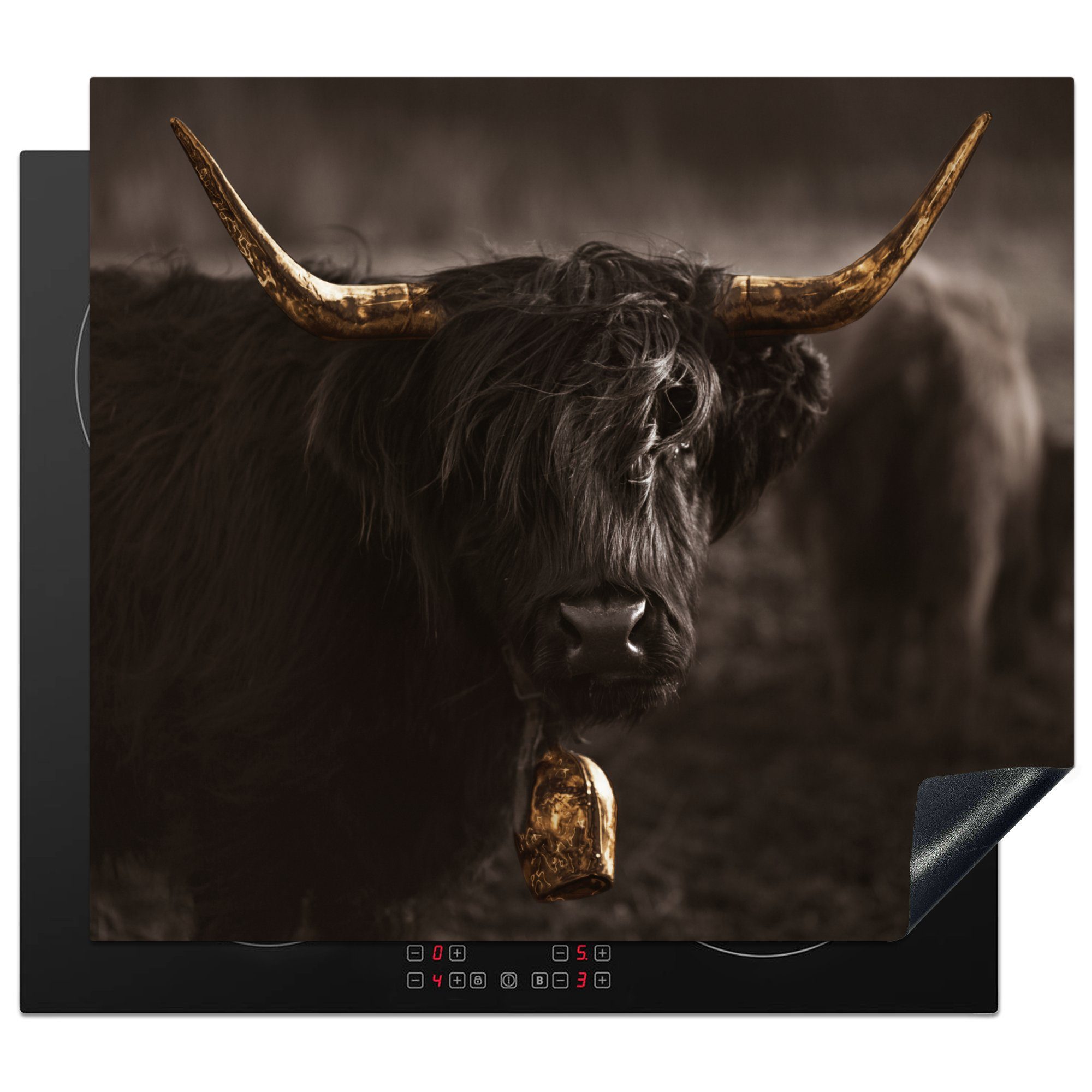 MuchoWow Herdblende-/Abdeckplatte Scottish Highlander - Tier - Schwarz und weiß, Vinyl, (1 tlg), 59x52 cm, Ceranfeldabdeckung für die küche, Induktionsmatte