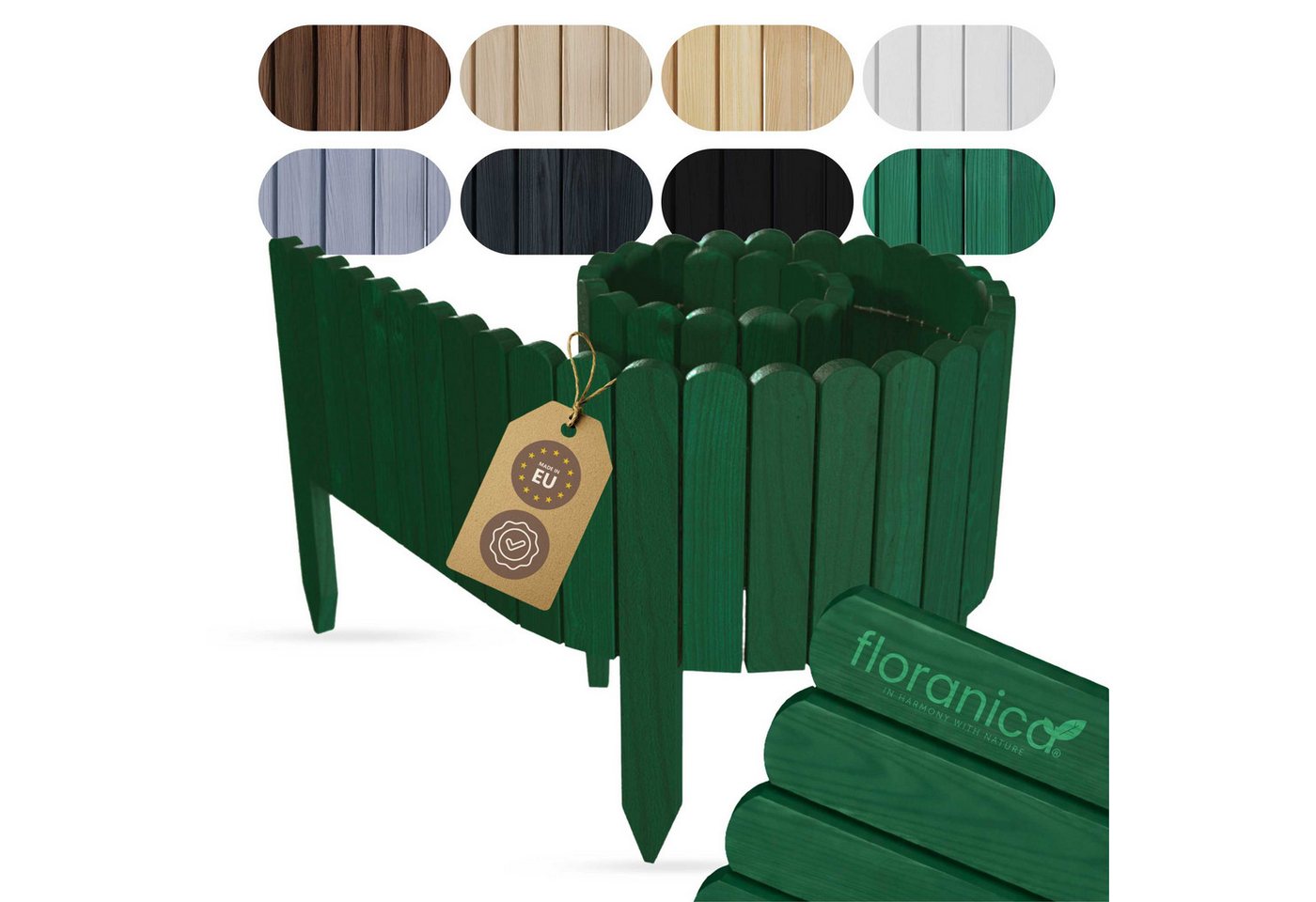 Floranica Palisade Beeteinfassung Beetumrandung Rasenkante Umrandung Flexibler Rollborder, LxH: 200x10 cm, Grün, Dekozaun Holzzaun Umzäunung Blumenbeeten Garten Beeten Kräutergarten