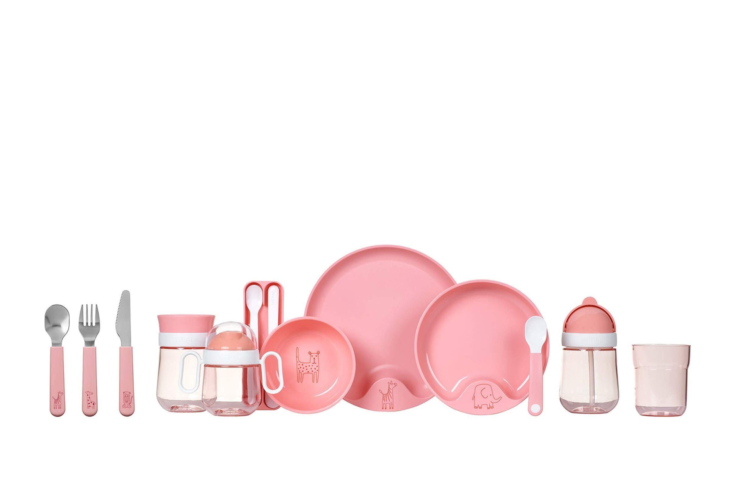 pink Mio Set, Kinderschale Kunststoff, 3er Schale, Kinderschale 3-tlg) (1x mit Fütterlöffel 2x Löffel, deep Mepal