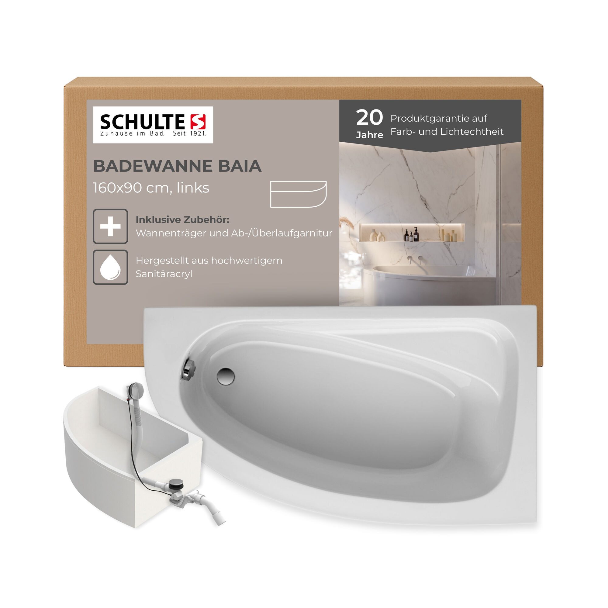 Schulte Badewanne Baia asymmetrisch 160x90 cm, Sanitäracryl Weiß Komplett-Set mit Wannenträger und Ablauf