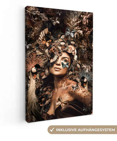 OneMillionCanvasses® Leinwandbild Luxus - Frau - Tiere - Schmetterlinge - Vögel, Frau - Tiere (1 St), Leinwand Bilder für Wohnzimmer Schlafzimmer, 40x60 cm