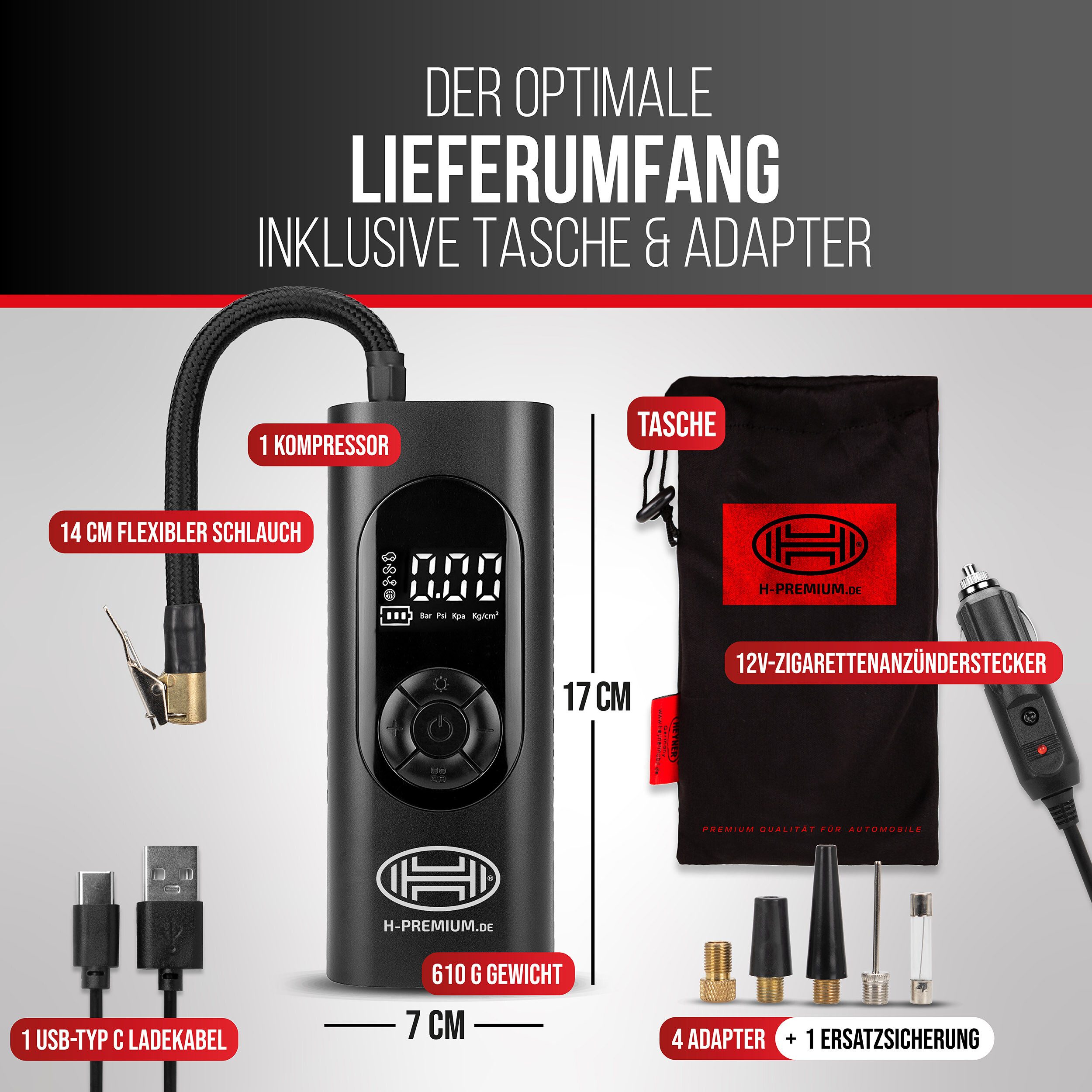 HEYNER Kompressor Luftkompressor 10 bar 6000 mAh mit Auto-Stopp LCD und Powerbank, 60 W, max. 10 bar, 1-tlg.