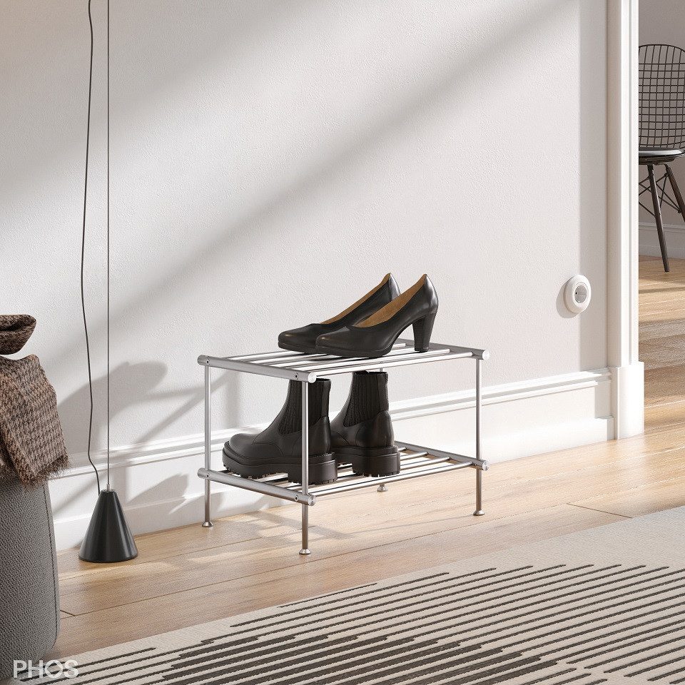 PHOS Design Schuhregal und Schuhablage aus Edelstahl: 30 - 120cm Breite, 1 - 5 Ablageflächen, Modell: SR400-2, freistehend - 100% Made in Germany