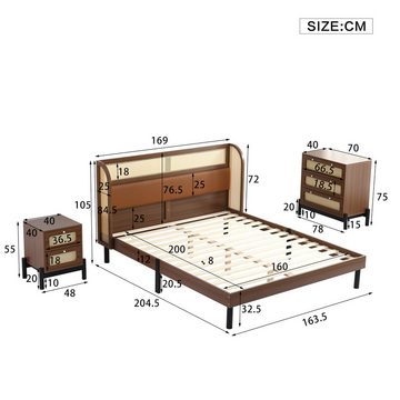 Ulife Komplettschlafzimmer modernes Rattan Doppelbett+Nachttisch+Kommode,160x200cm, (3-St), Nachttisch mit 2 Schubladen, Kommode mit 3 Schubladen