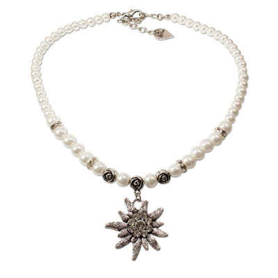 Alpenflüstern Collier Perlen-Trachtenkette Fiona mit Strass-Edelweiß groß (creme-weiß), - Damen-Trachtenschmuck Dirndlkette