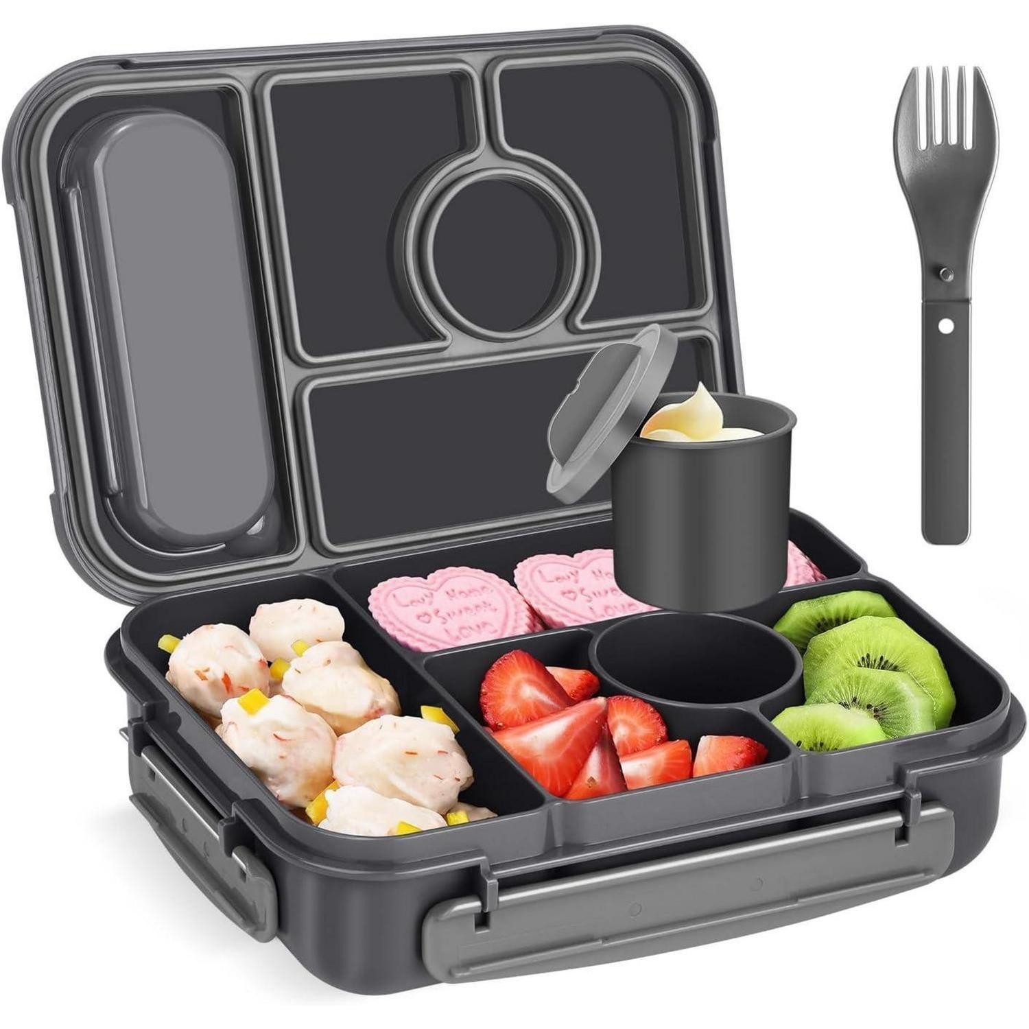 LuxusKollektion Lunchbox Brotdose Kinder 1300ml 5Fächer BPAfrei Mikrowellenfest Dunkelgrau
