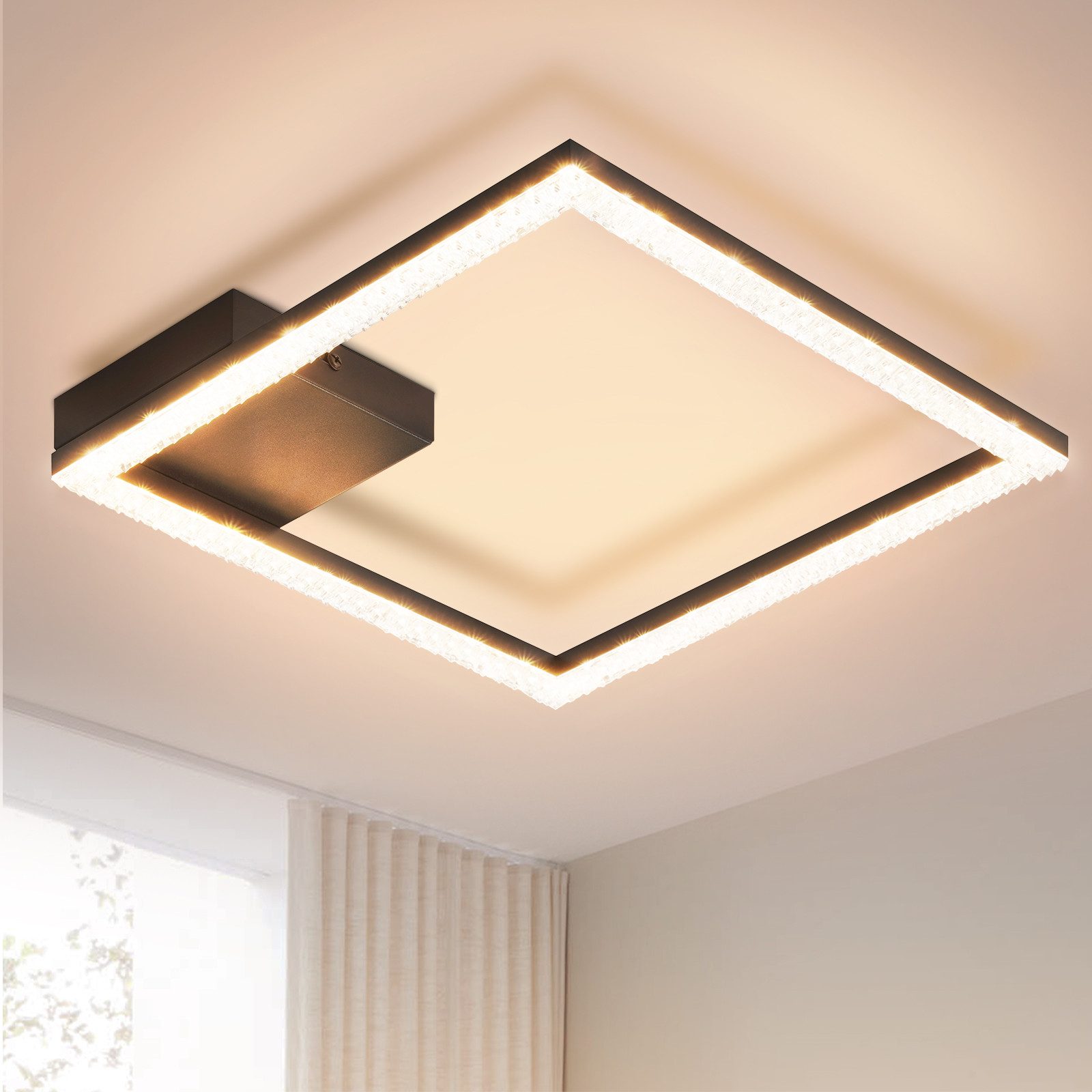 Nettlife LED Deckenleuchte Flur Wohnzimmer Schwarz moderne Kristall Deckenlampe 12/24W, LED fest integriert, Warmweiß, Kristalle 12W 30*30*5cm für Wohnzimmer Flur Schlafzimmer