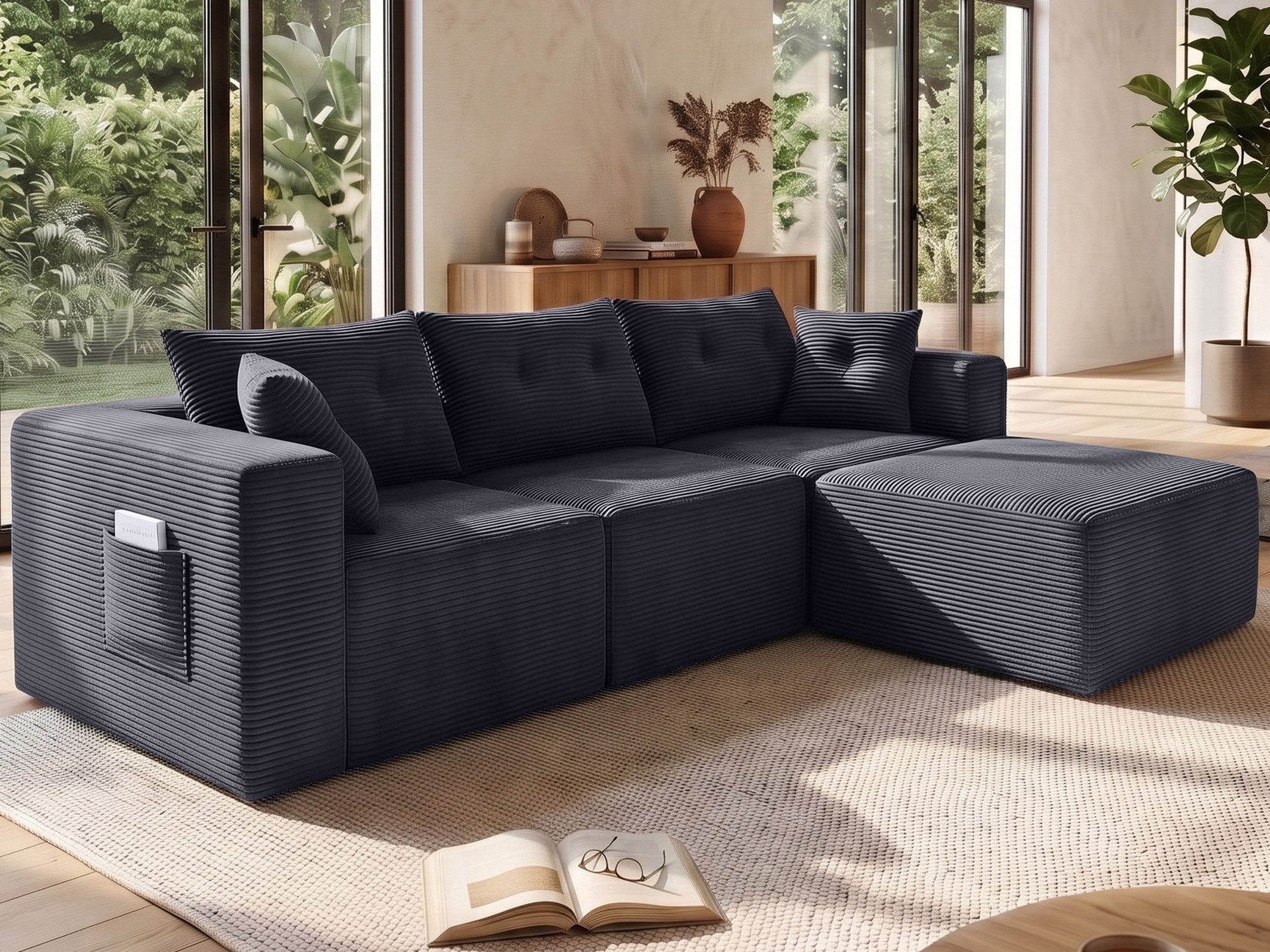 GLP Ecksofa Modulares Ecksofa 254 cm aus Cord, kompakte L-Form mit Hocker, 4 Module frei kombinierbar, 70 cm Sitztiefe, 254 cm breit, gepolstert, vakuumiert, für modernes Wohnen