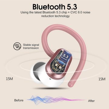 Poounur Kabellos Bluetooth 5.3, 50Std Ultraleicht Earbuds mit Bügel In-Ear-Kopfhörer (Kristallklarer Sound und tiefe Bässe, dank 13 mm dynamischer Spule., Noise Cancelling OhrhörerHiFi StereoLED Anzeige IP7 Wasserdicht Joggen)