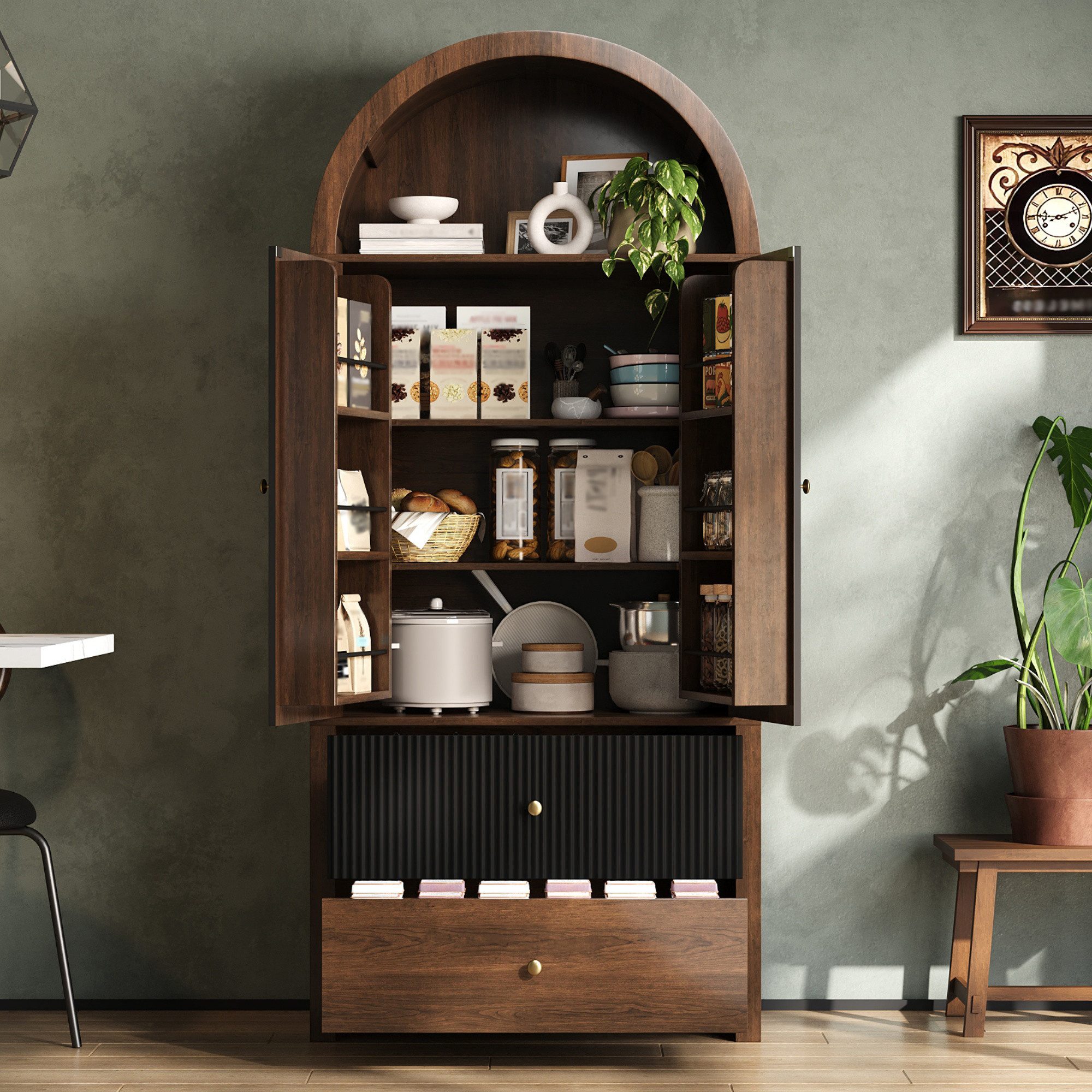 STILVORA Highboard in Walnussoptik Aufbewahrungsschrank mit Verstellbare Einlegeböden (2 Schubladen, Türablagen, offenes Fach, Ringgriffe, MDF, 180×80×40cm, Walnussoptik, stabil, langlebig, Vintage), für Küche, Esszimmer, Wohnzimmer und Schlafzimmer