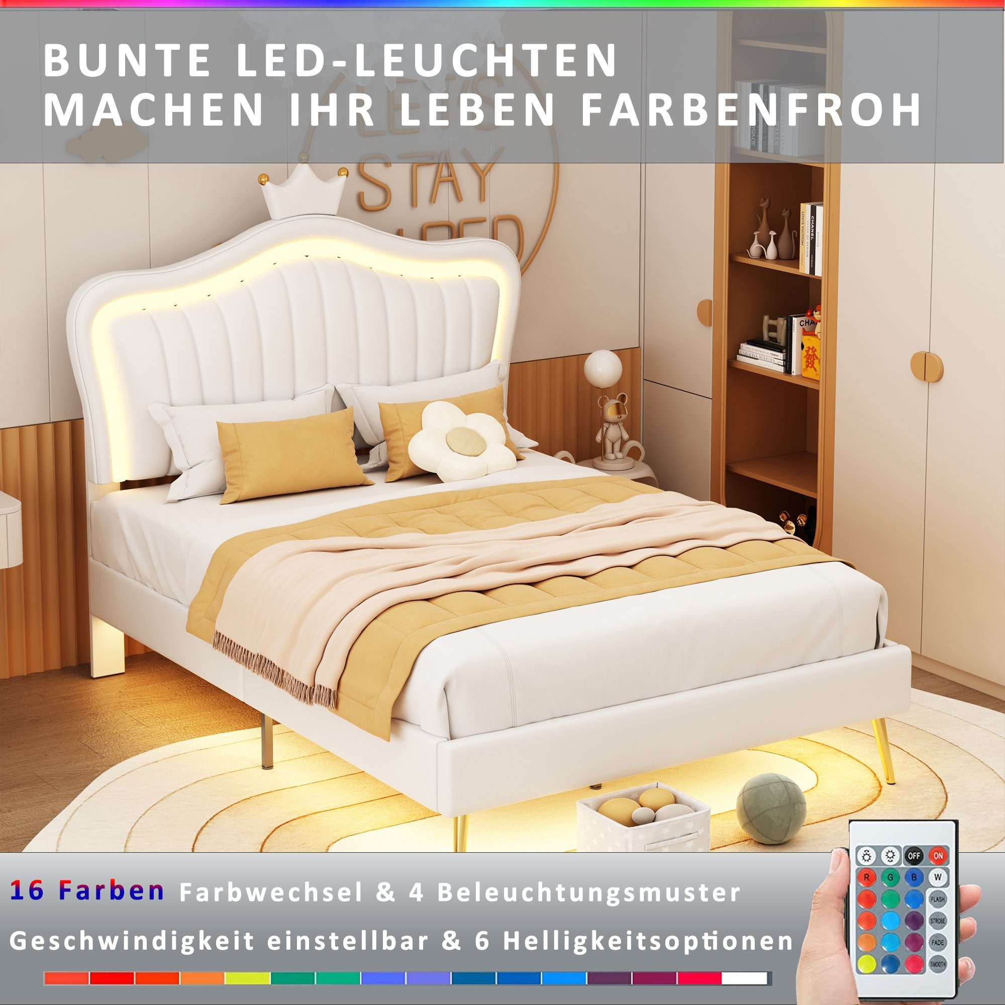 OKWISH Bett Kinderbett Polsterbet Gästebett (mit LED-Leuchten, Lattenrost und Rückenlehne(Matratze nicht enthaltet), Kronen-Doppelbettgestell), Ohne Matratze
